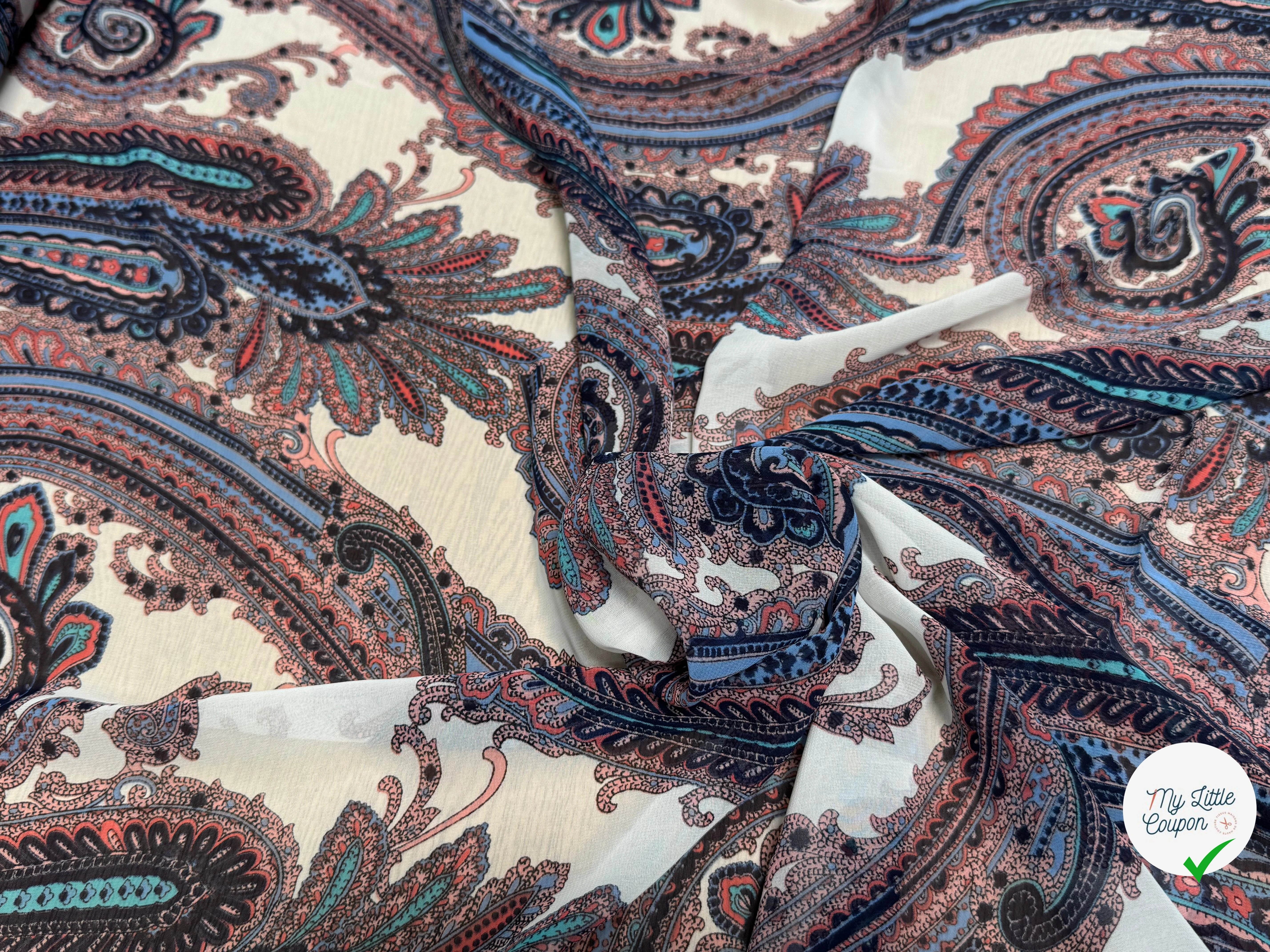 CHIFFON PRINTED MOTIFS ABSTRAITS MULTICOLORES FOND ÉCRU - My Little Coupon