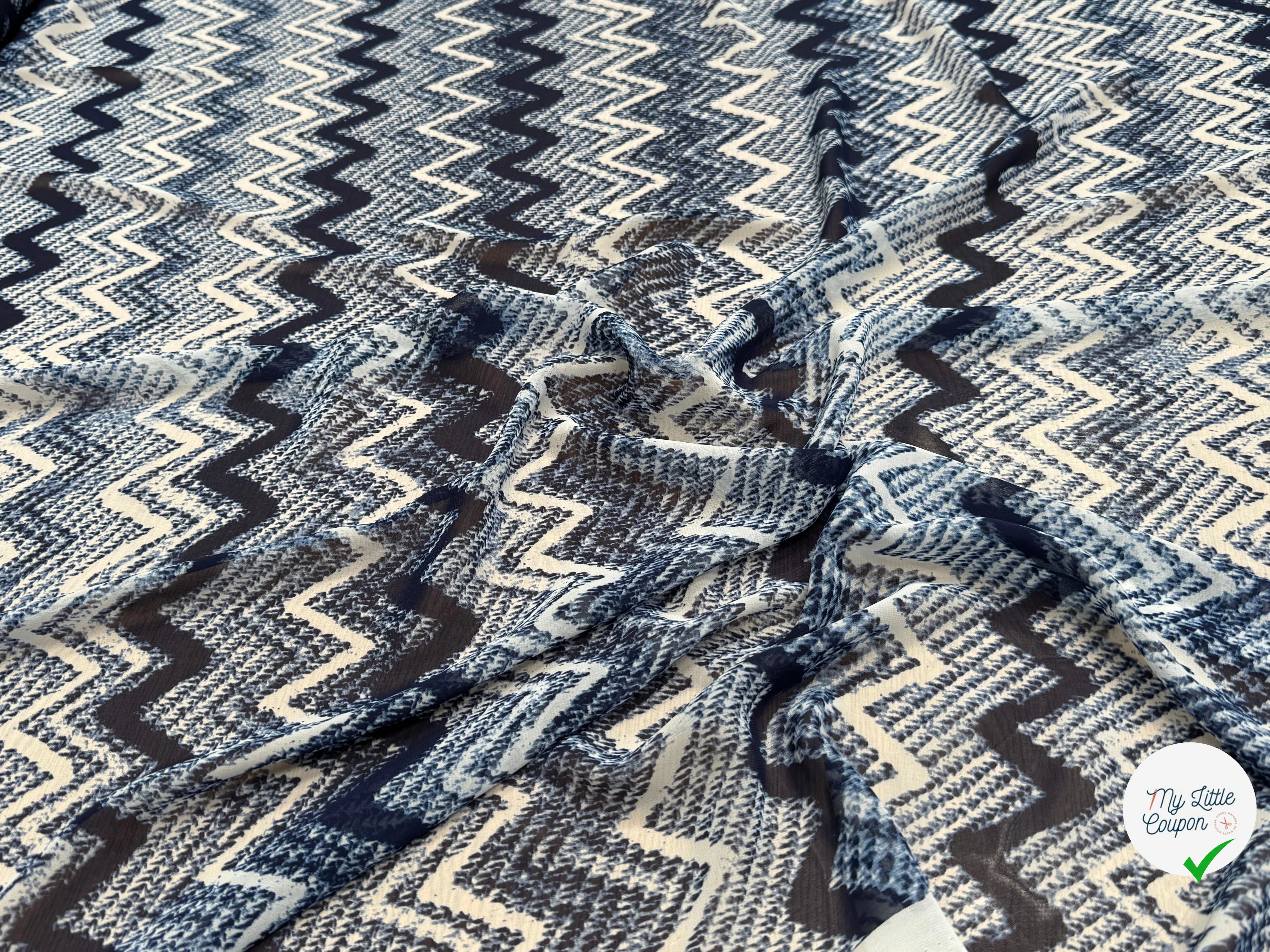 CHIFFON PRINTED RAYURES ZIG-ZAG BLEU BLANC - My Little Coupon