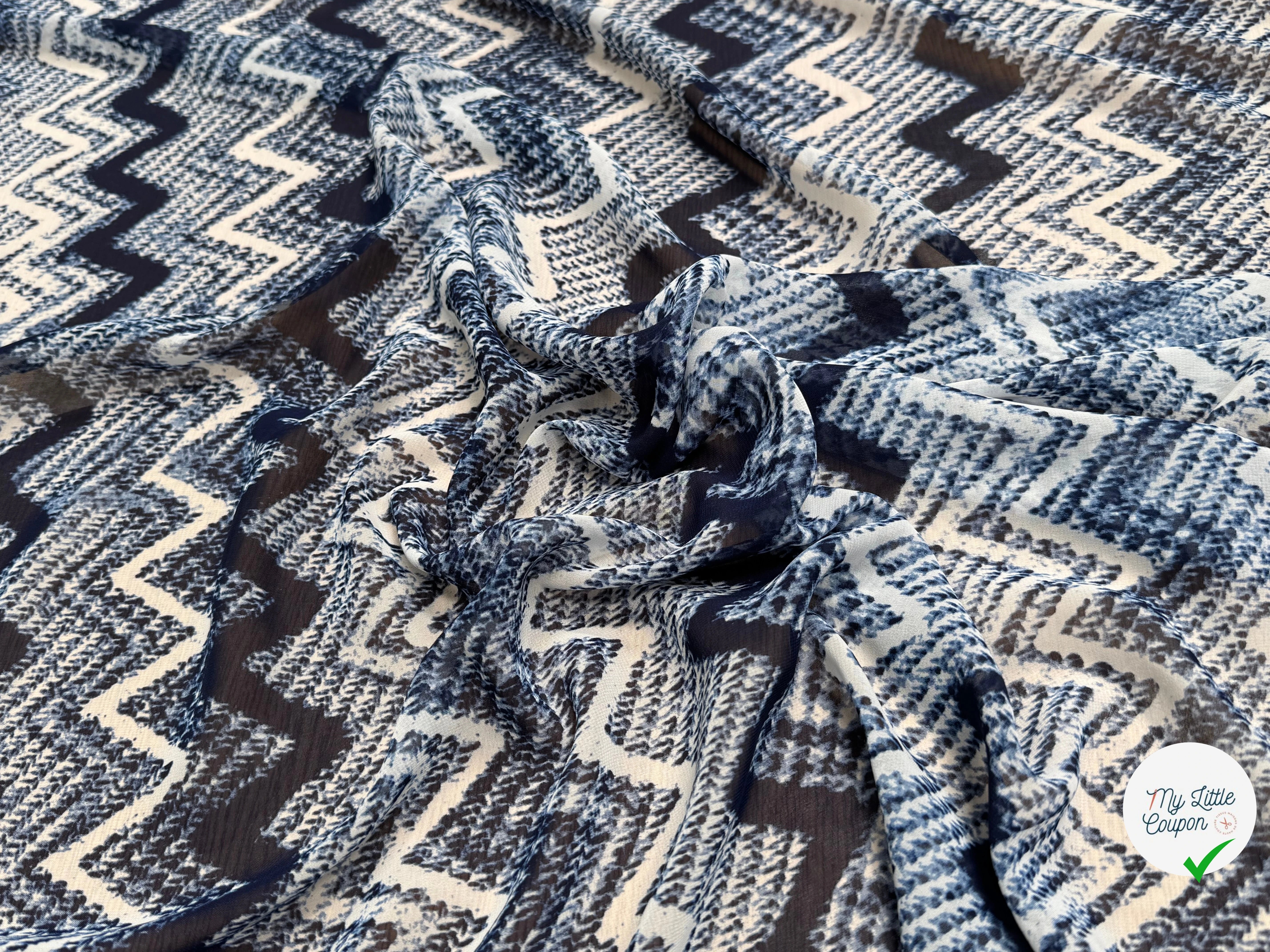 CHIFFON PRINTED RAYURES ZIG-ZAG BLEU BLANC - My Little Coupon