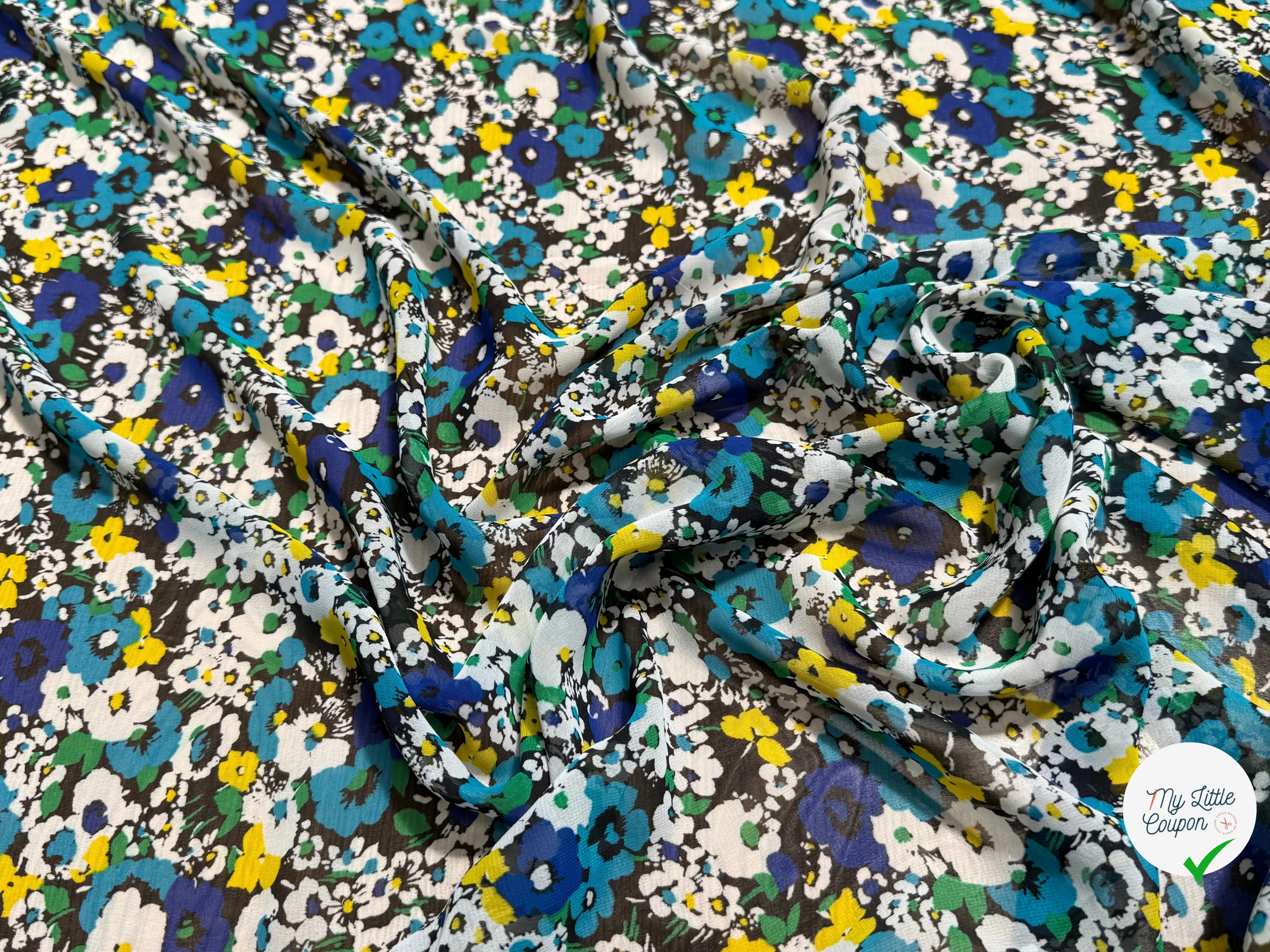 CHIFFON PRINTED TRÈS JOLIES FLEURS MULTICOLORES BLEU JAUNE&TURQUOISE - My Little Coupon
