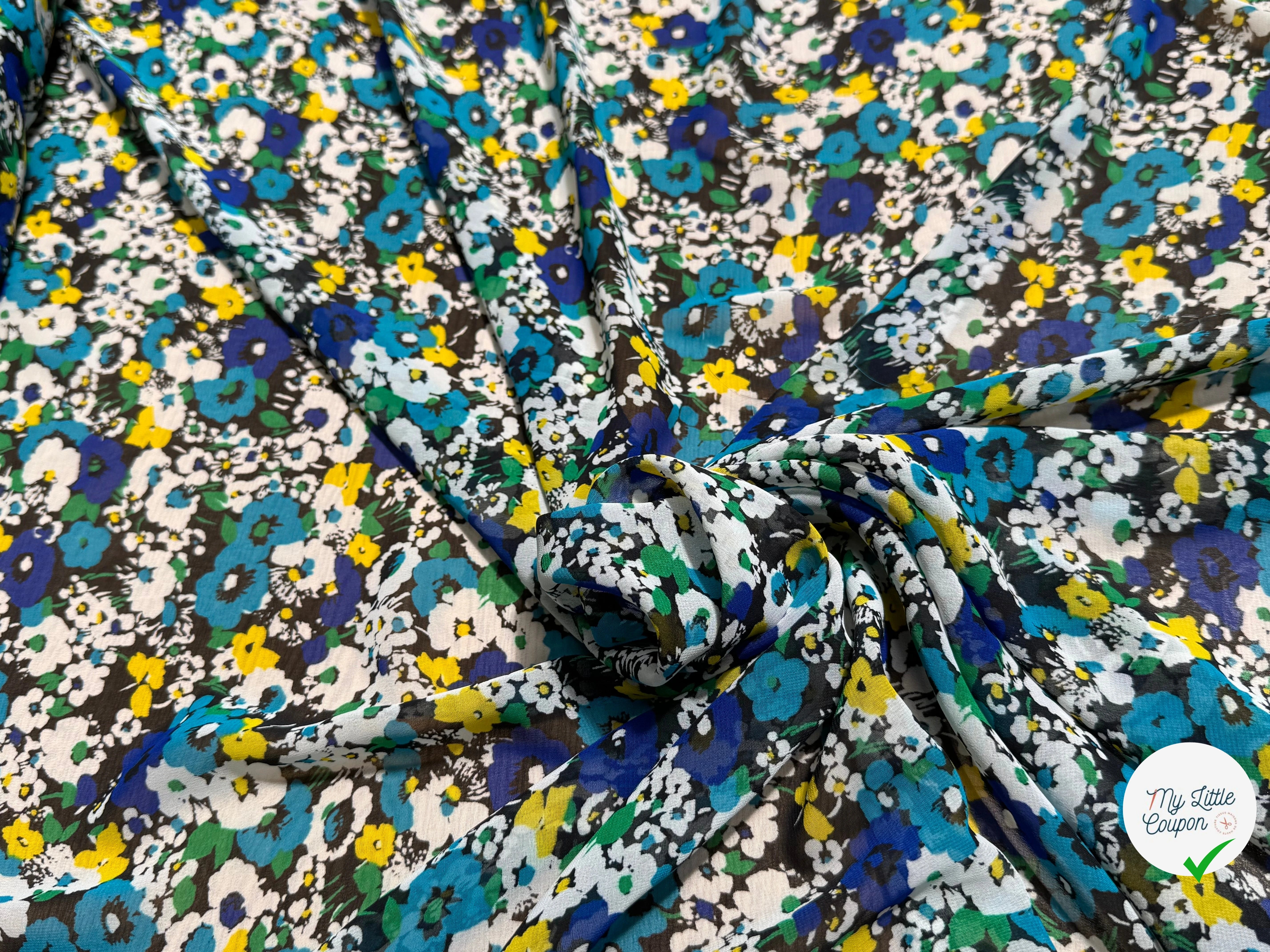 CHIFFON PRINTED TRÈS JOLIES FLEURS MULTICOLORES BLEU JAUNE&TURQUOISE - My Little Coupon
