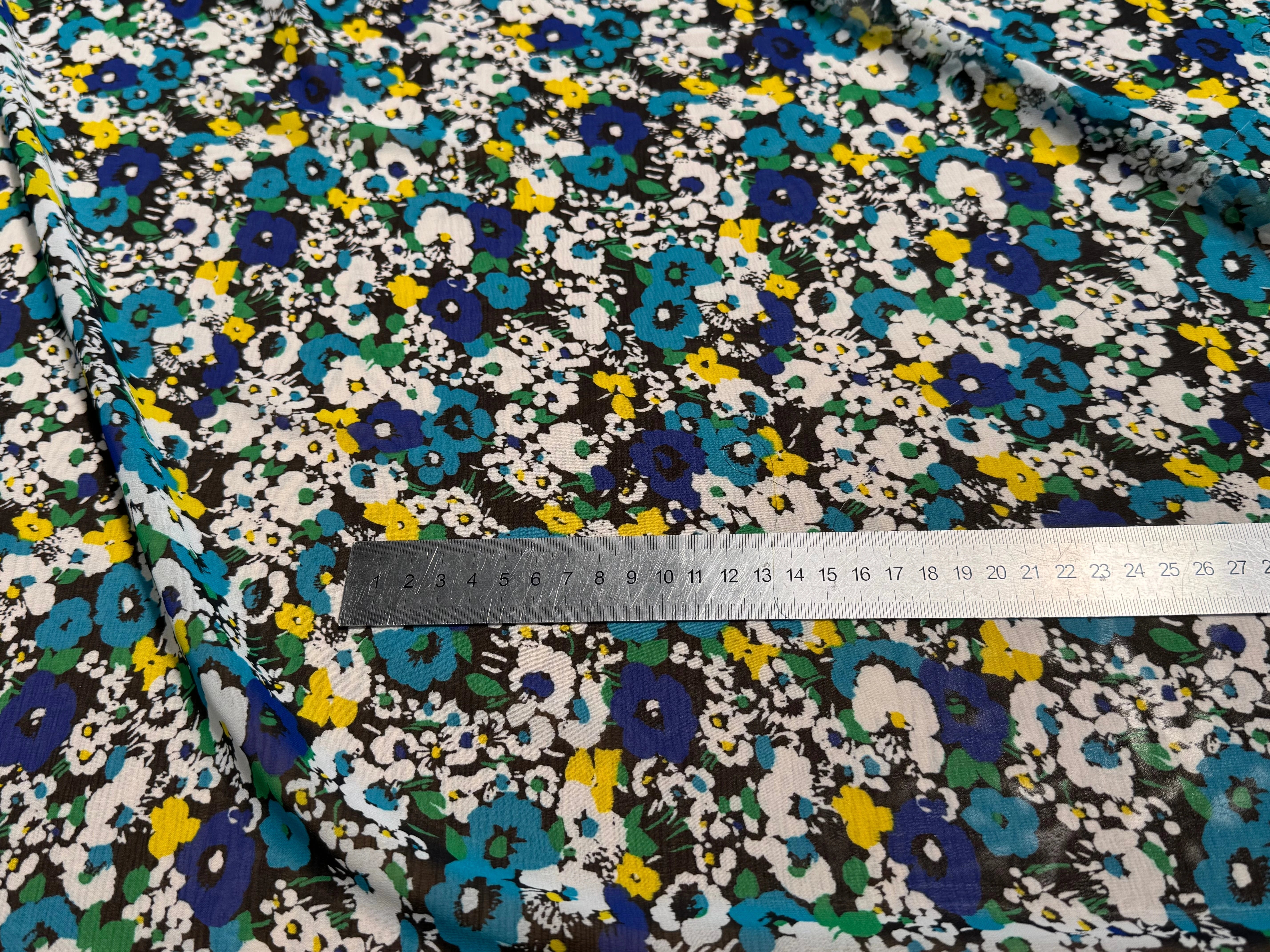 CHIFFON PRINTED TRÈS JOLIES FLEURS MULTICOLORES BLEU JAUNE&TURQUOISE - My Little Coupon