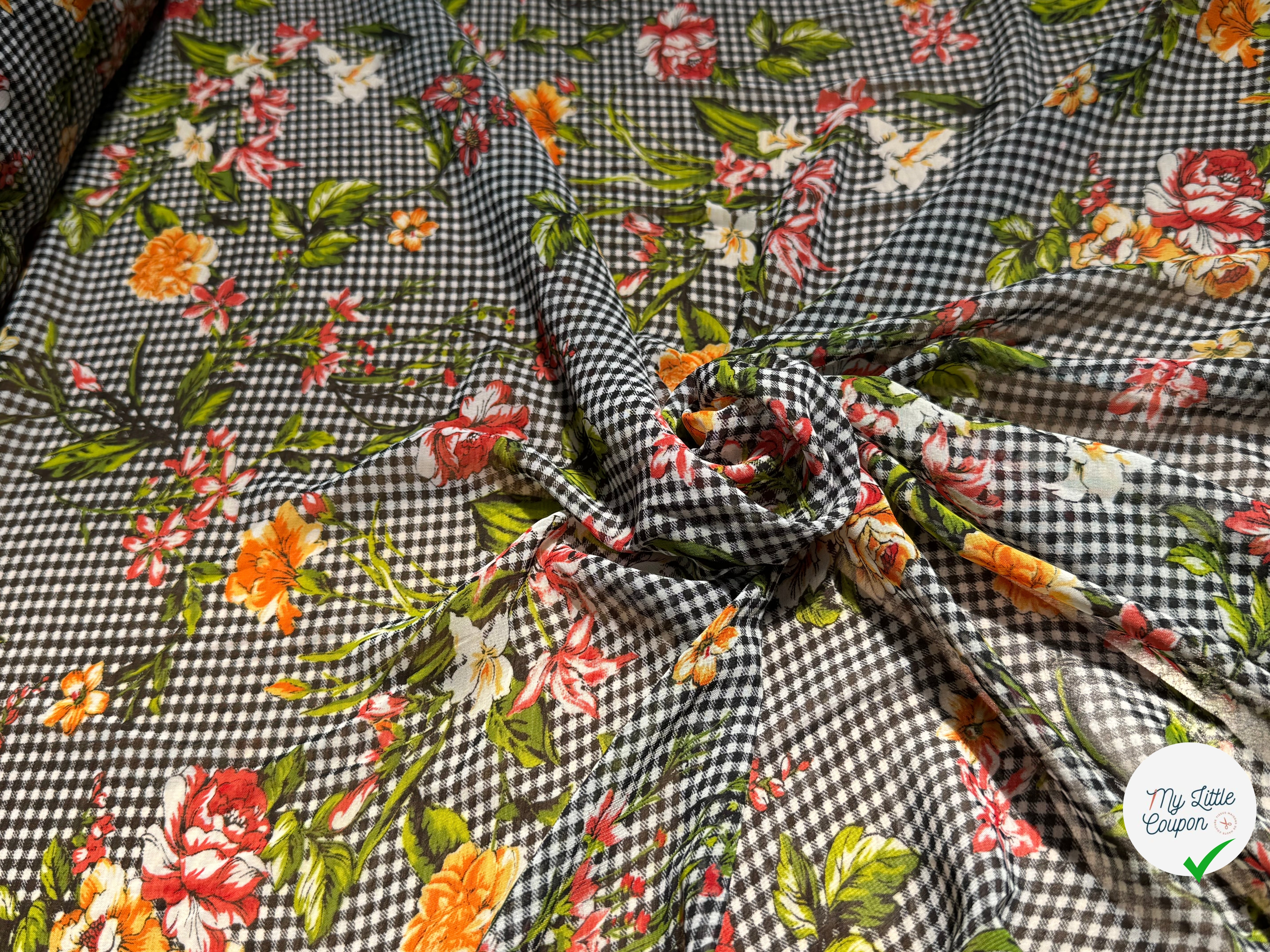CHIFFON VICHY NOIR FLUIDE GROSSES FLEURS SUPER BEAU - My Little Coupon