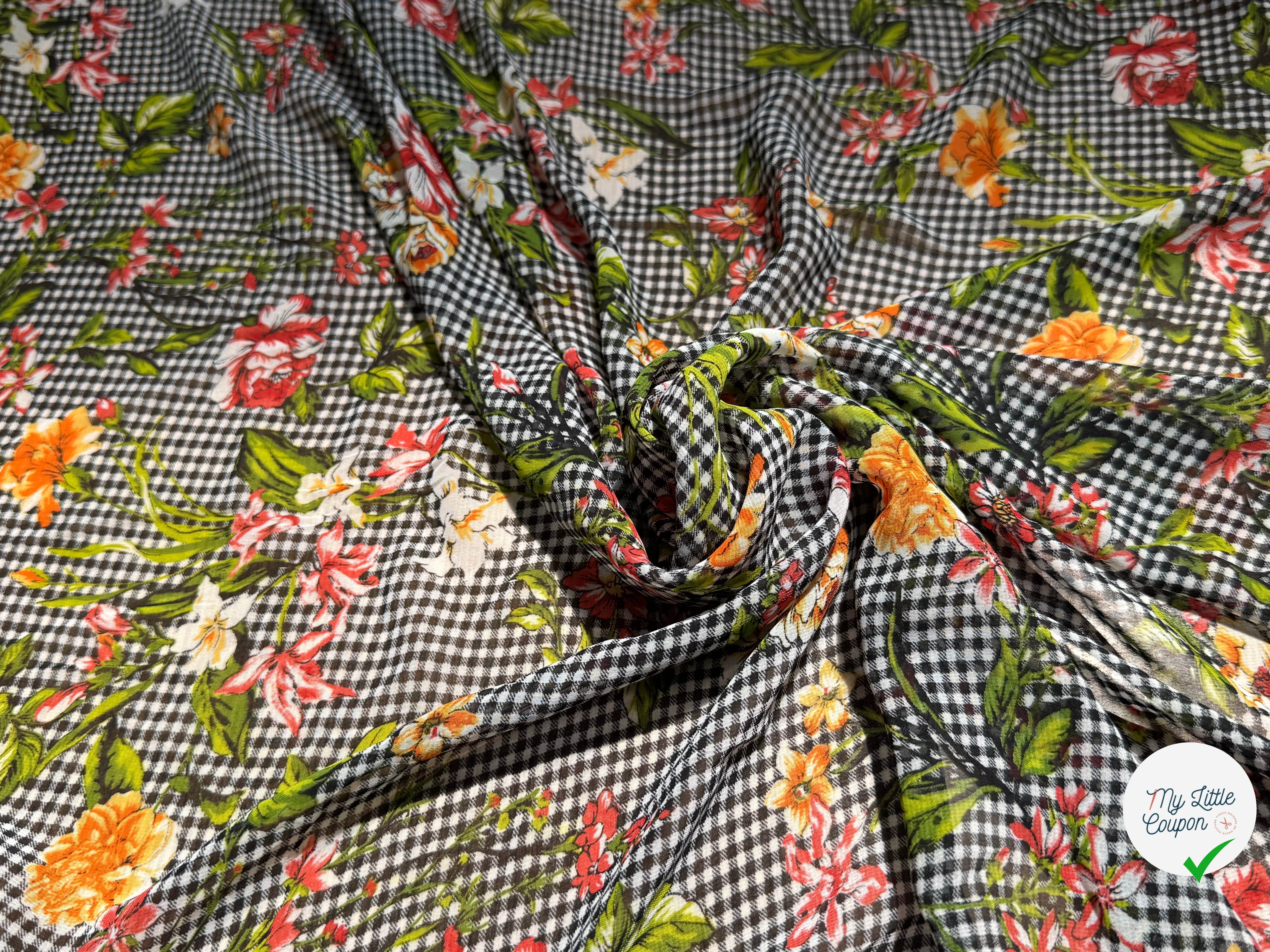 CHIFFON VICHY NOIR FLUIDE GROSSES FLEURS SUPER BEAU - My Little Coupon