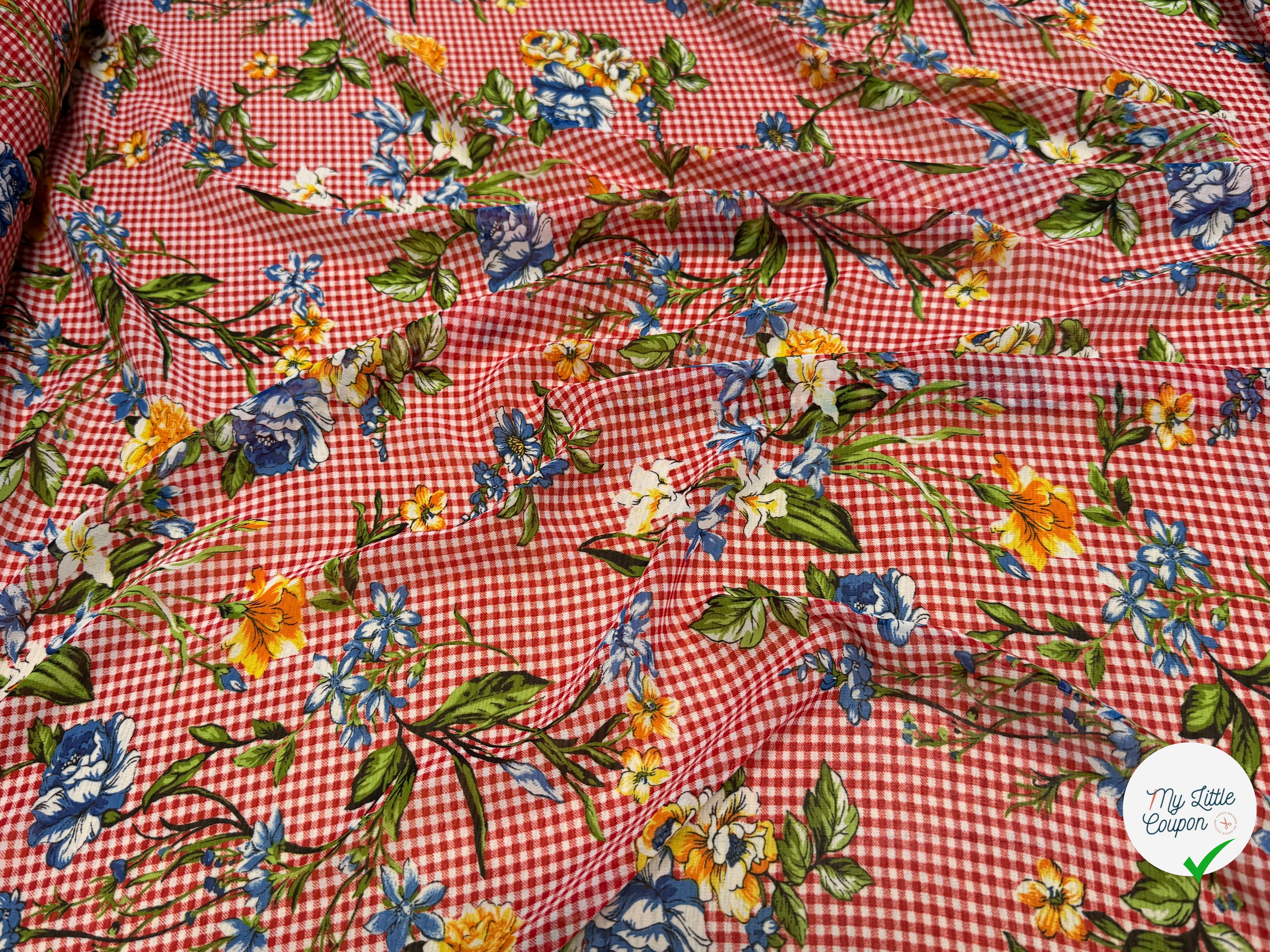 CHIFFON VICHY ROUGE FLUIDE GROSSES FLEURS SUPER BEAU - My Little Coupon