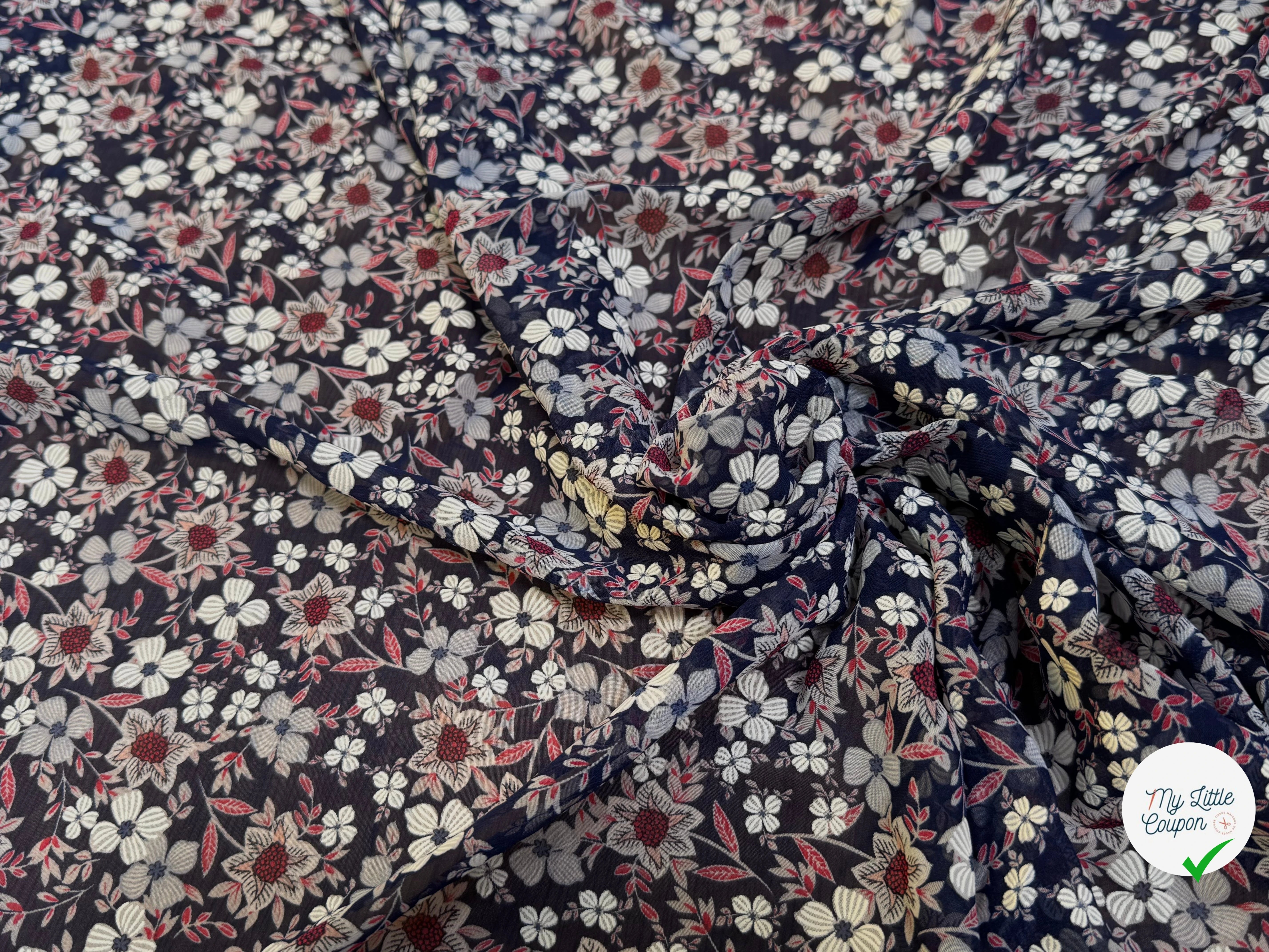 CHIFFON PRINTED JOLIES FLEURS FOND NAVY - My Little Coupon