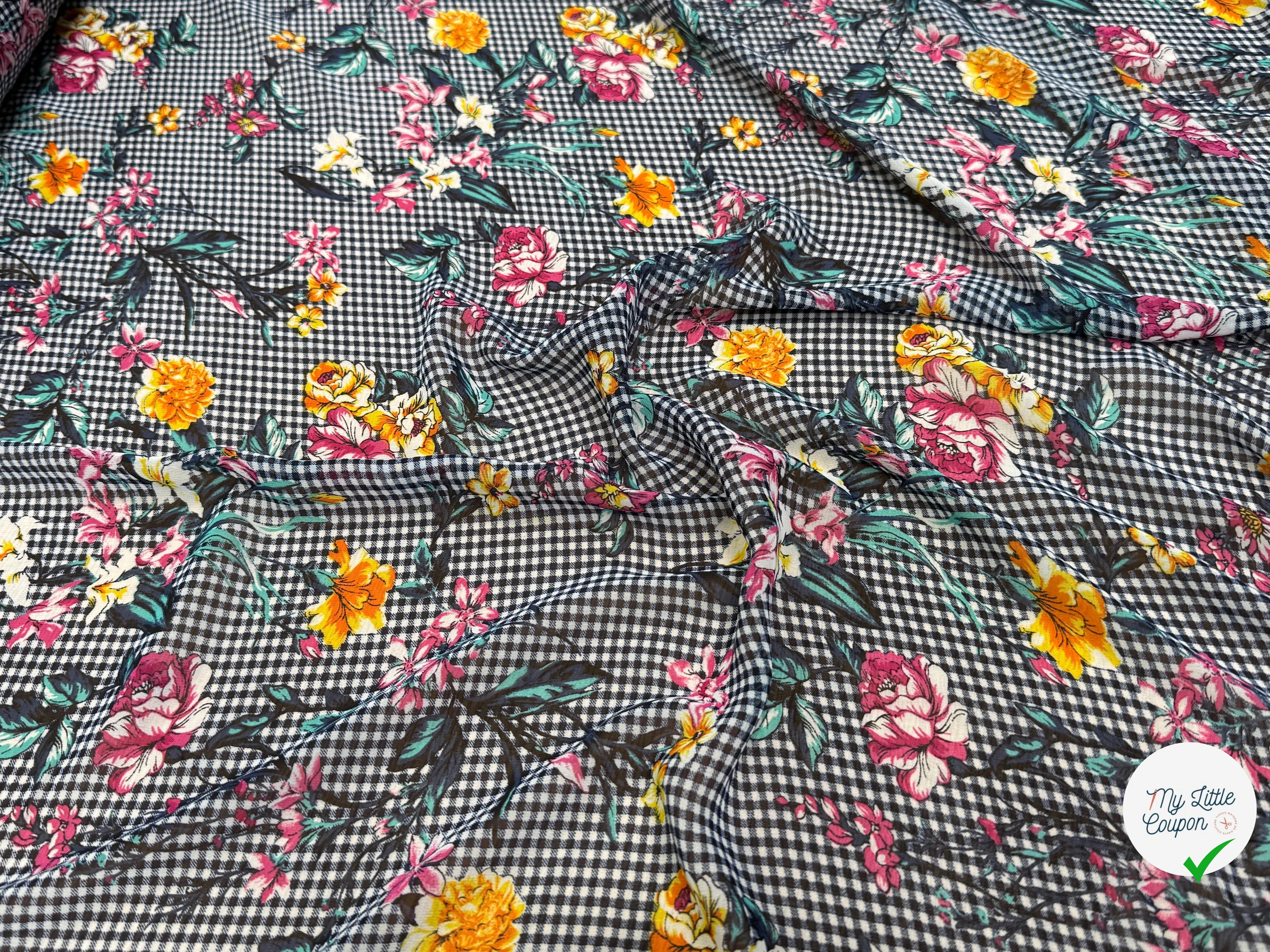 CHIFFON VICHY BLEU FLUIDE GROSSES FLEURS SUPER BEAU - My Little Coupon