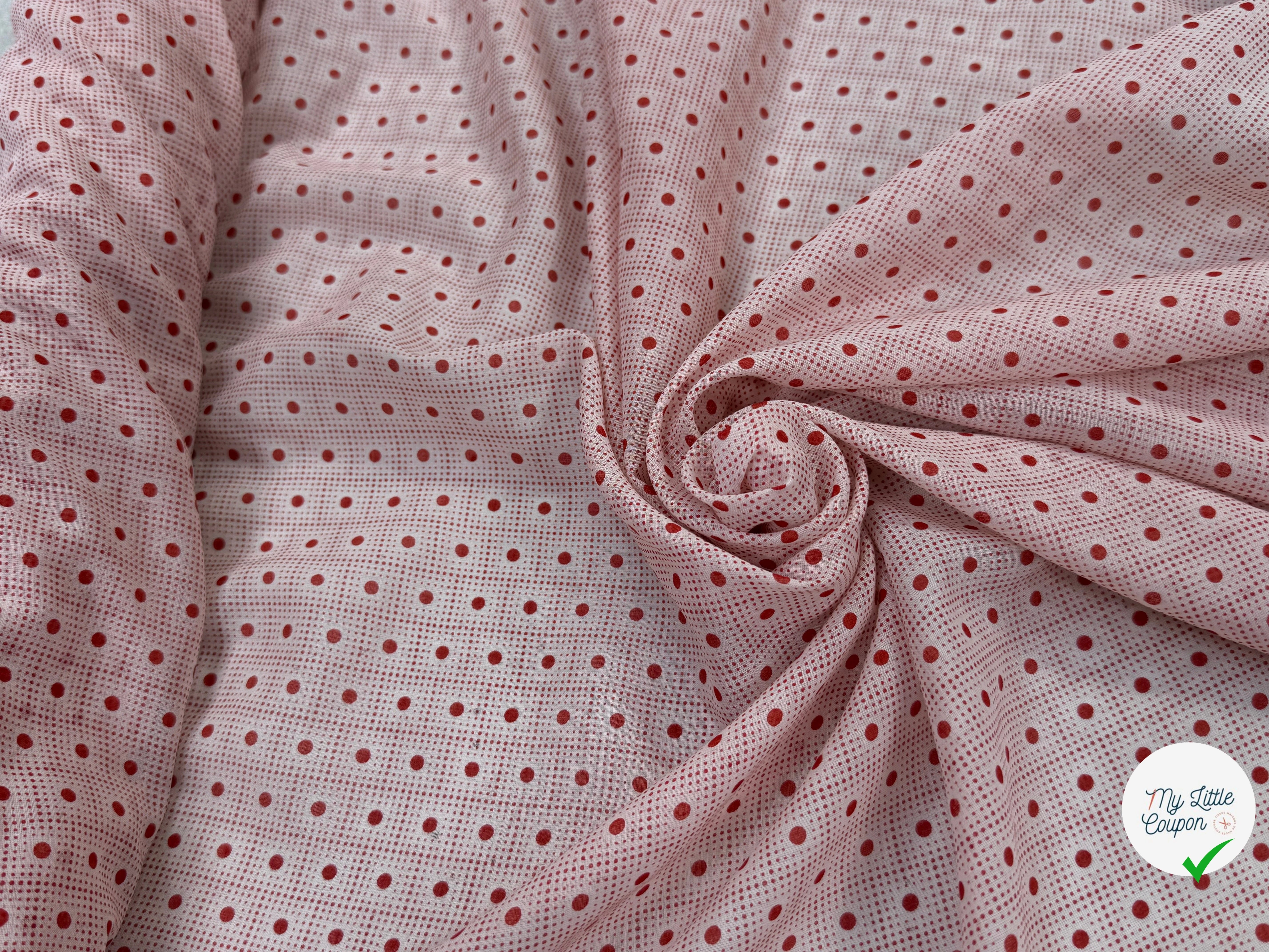 (CHUTE) VOILE DE COTON FOND BEIGE MOTIFS PETITS POIS ROUGES IRREGULIERS - My Little Coupon