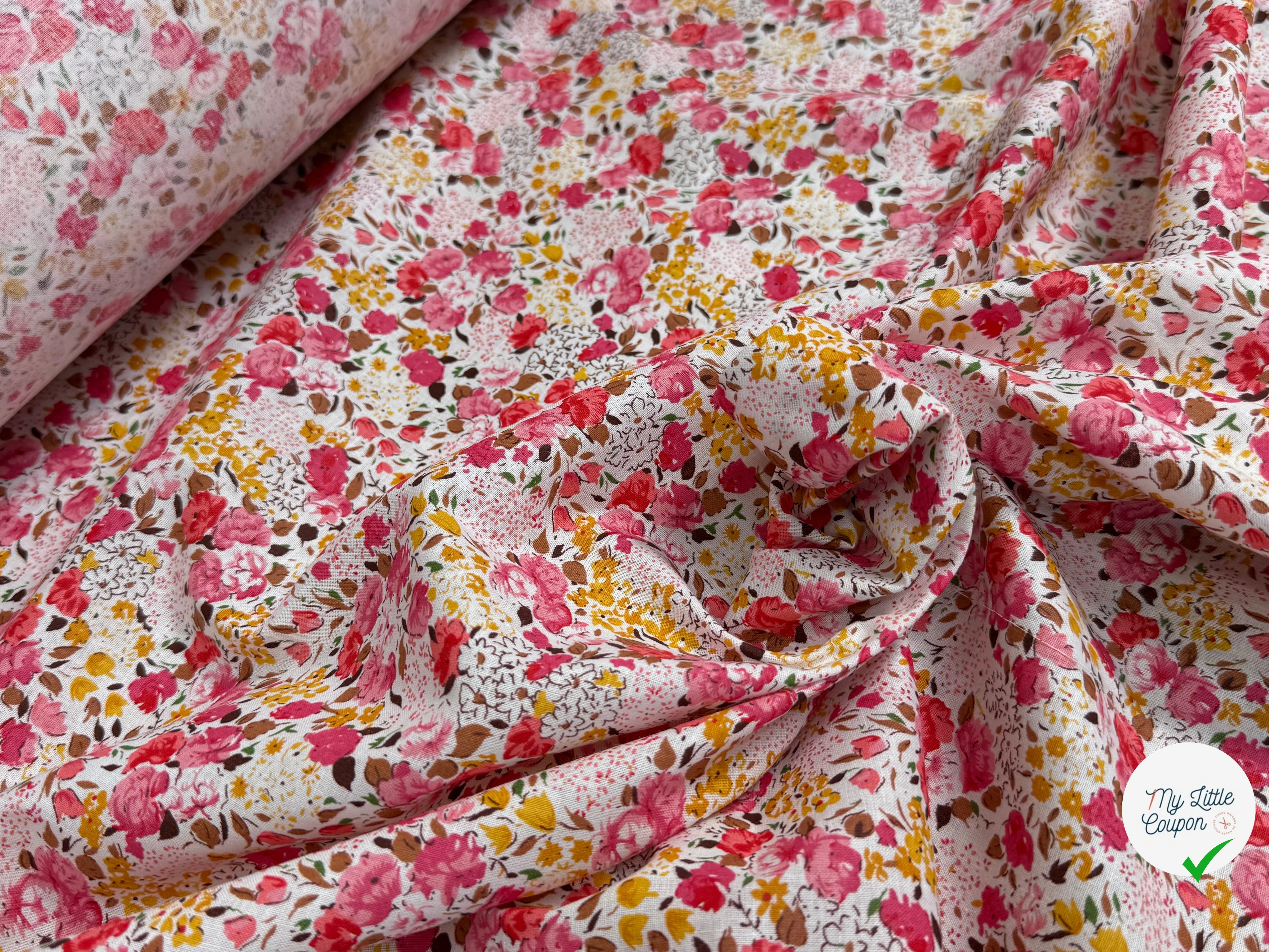 COTON À FLEURS FOND BLANC ROSE ORANGE - My Little Coupon