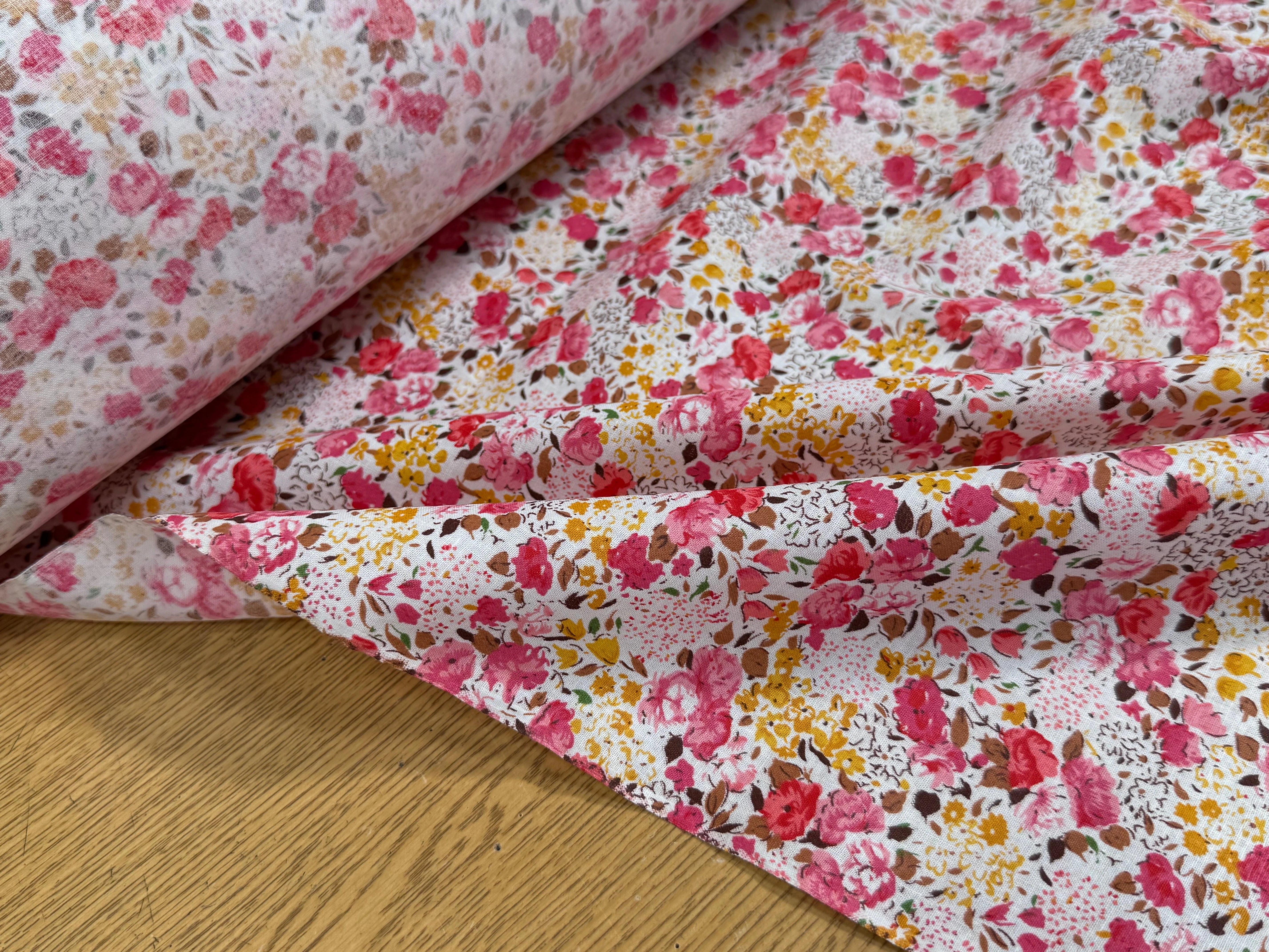 COTON À FLEURS FOND BLANC ROSE ORANGE - My Little Coupon