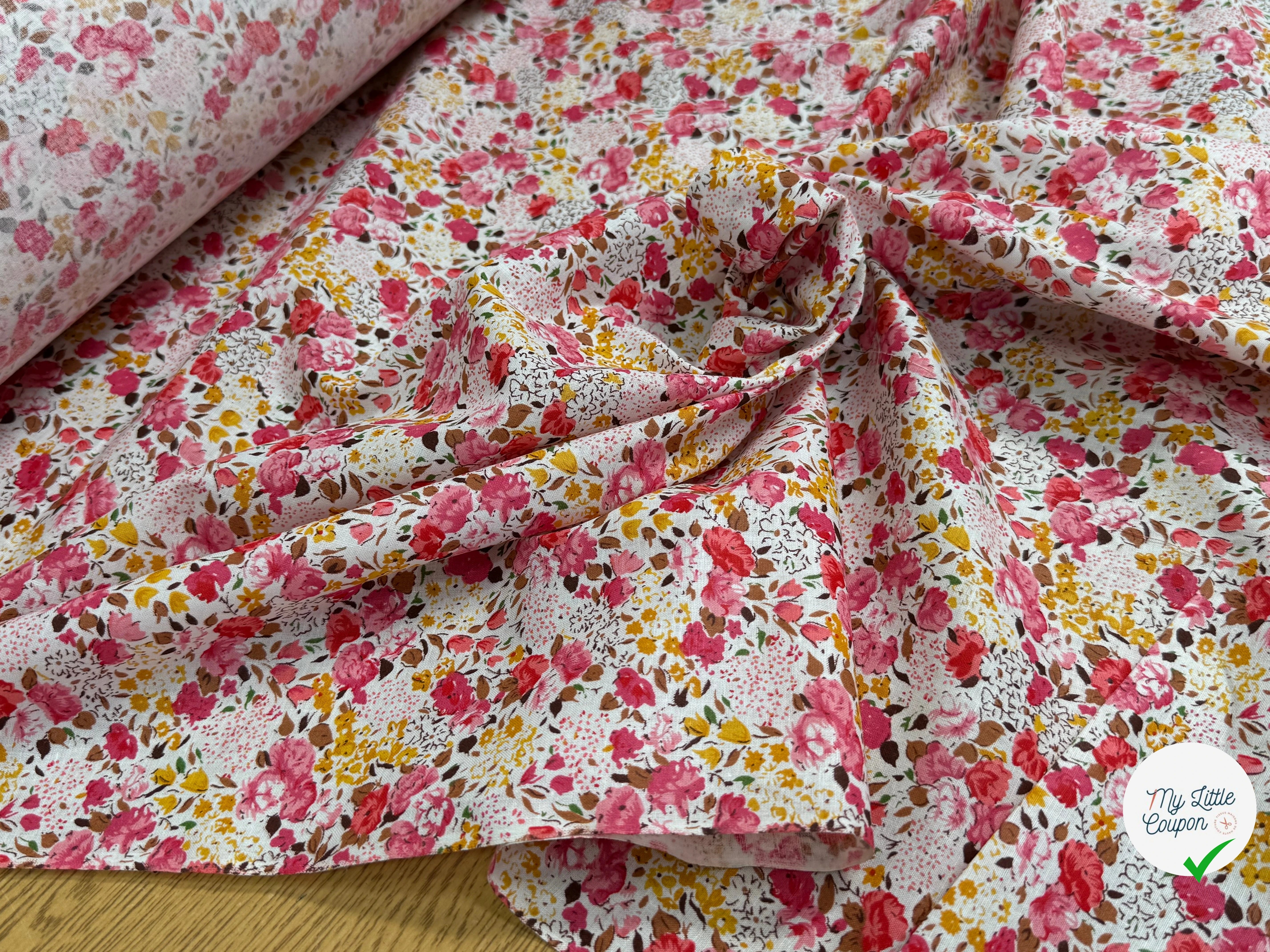 COTON À FLEURS FOND BLANC ROSE ORANGE - My Little Coupon