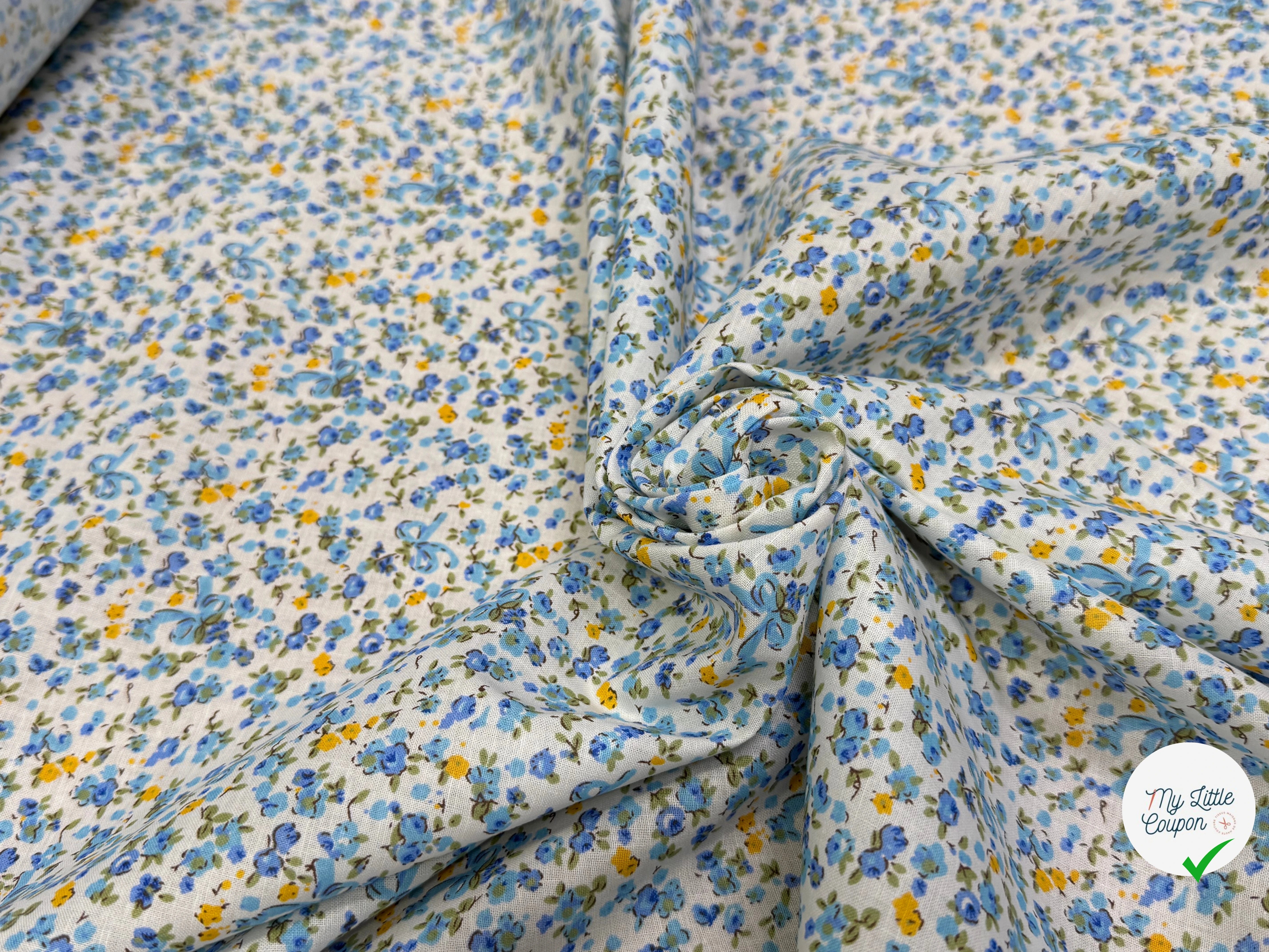 COTON FLEURS JAUNE BLEU FOND BLANC - My Little Coupon