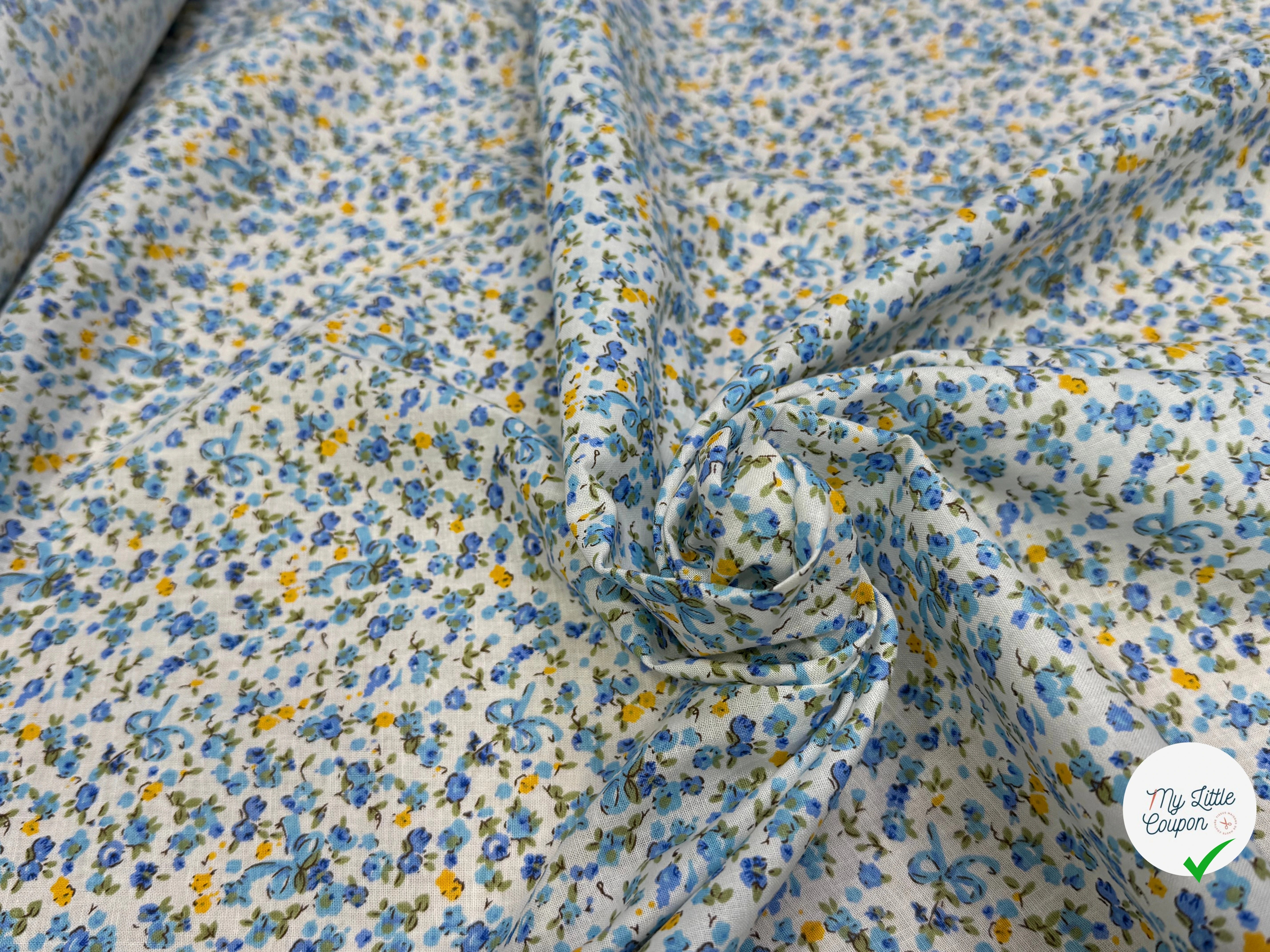 COTON FLEURS JAUNE BLEU FOND BLANC - My Little Coupon