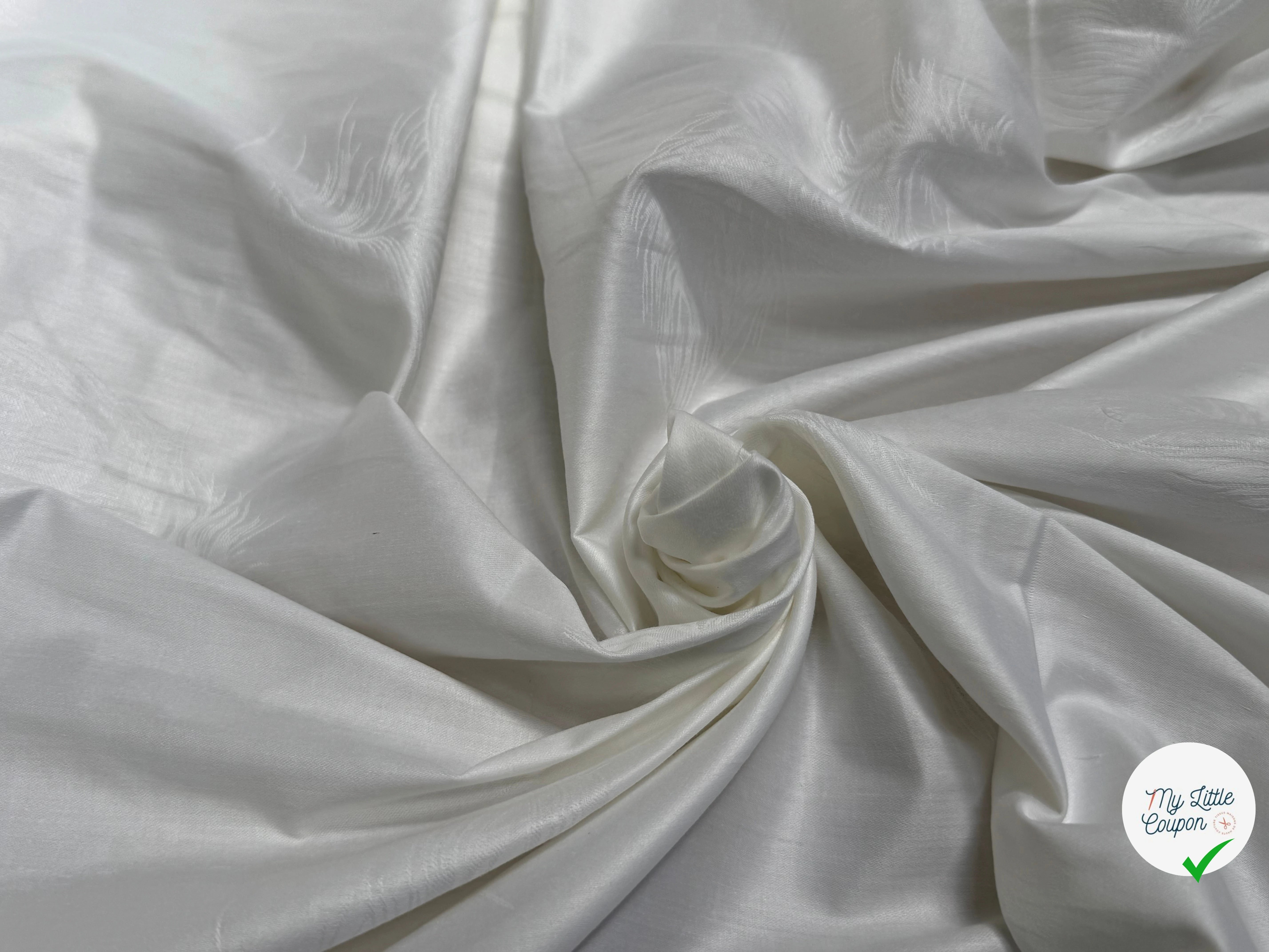 COTON JACQUARD DAMASSÉ BLANC MOTIFS PLUMES 280 DE LAIZE SOFT TOUCHÉ LÉGÈREMENT SATINÉ - My Little Coupon