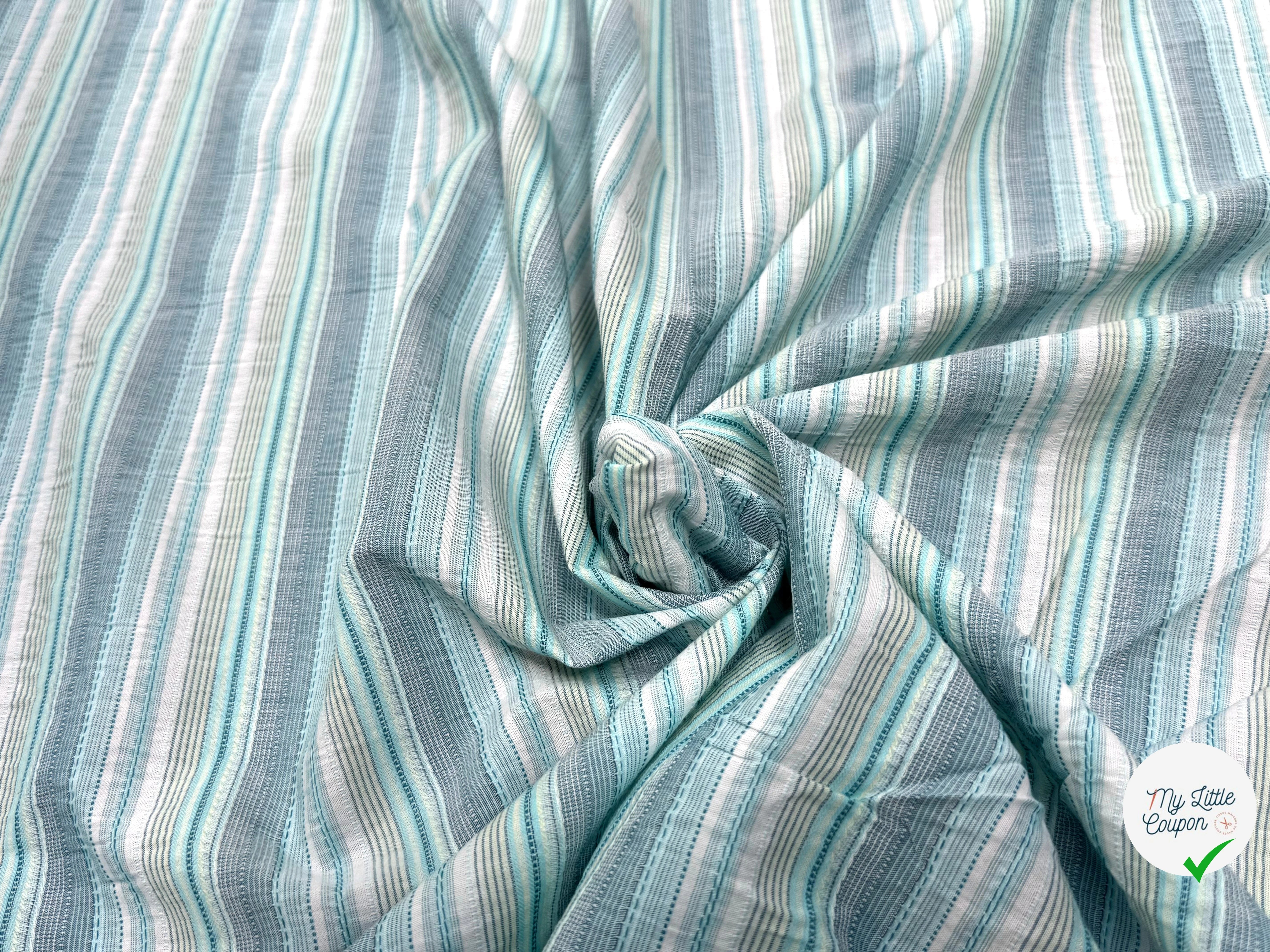 COTON SEMI-GAUFFRÉ À RAYURES TISSÉES BLEU VERT - My Little Coupon