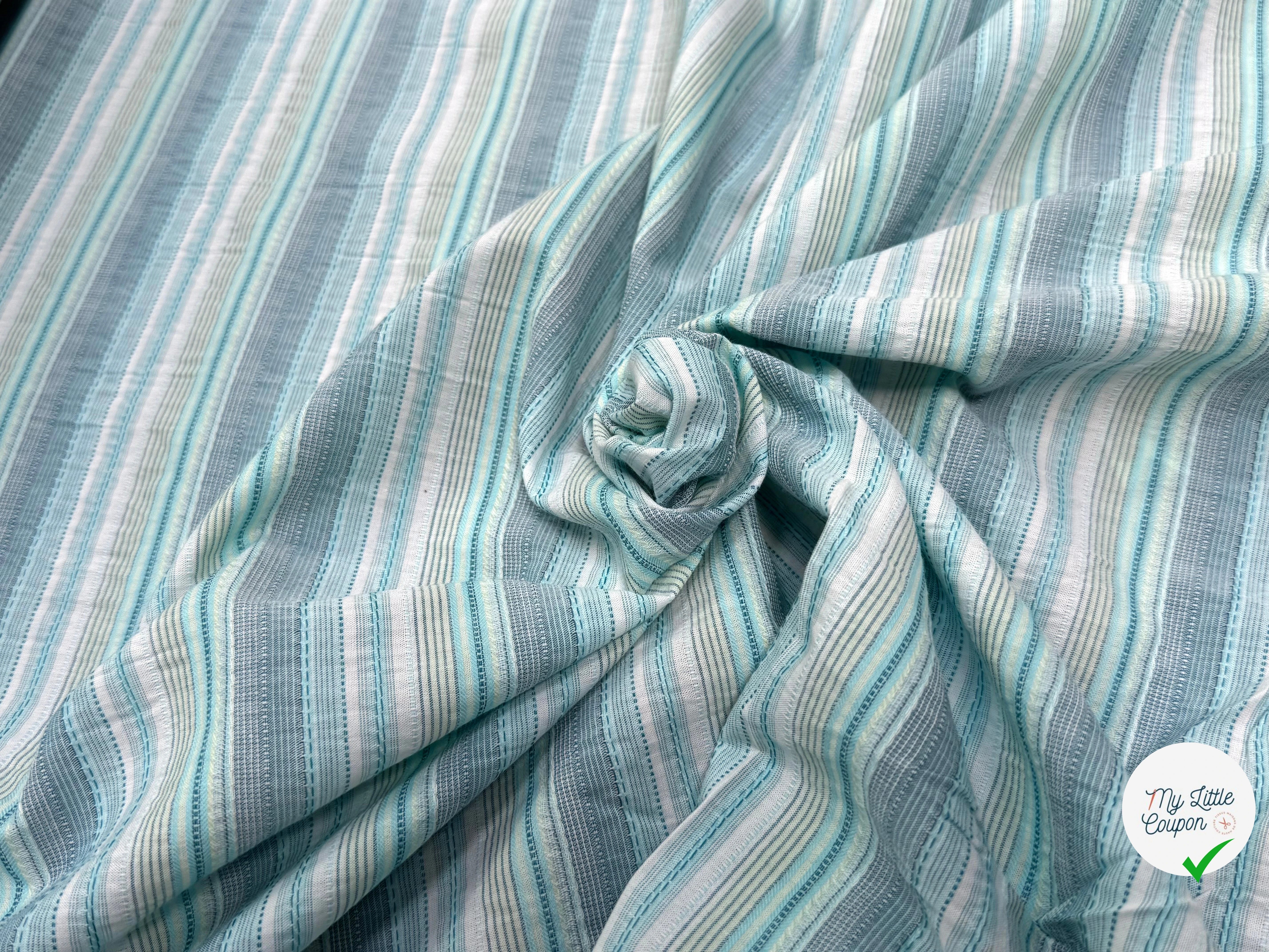 COTON SEMI-GAUFFRÉ À RAYURES TISSÉES BLEU VERT - My Little Coupon