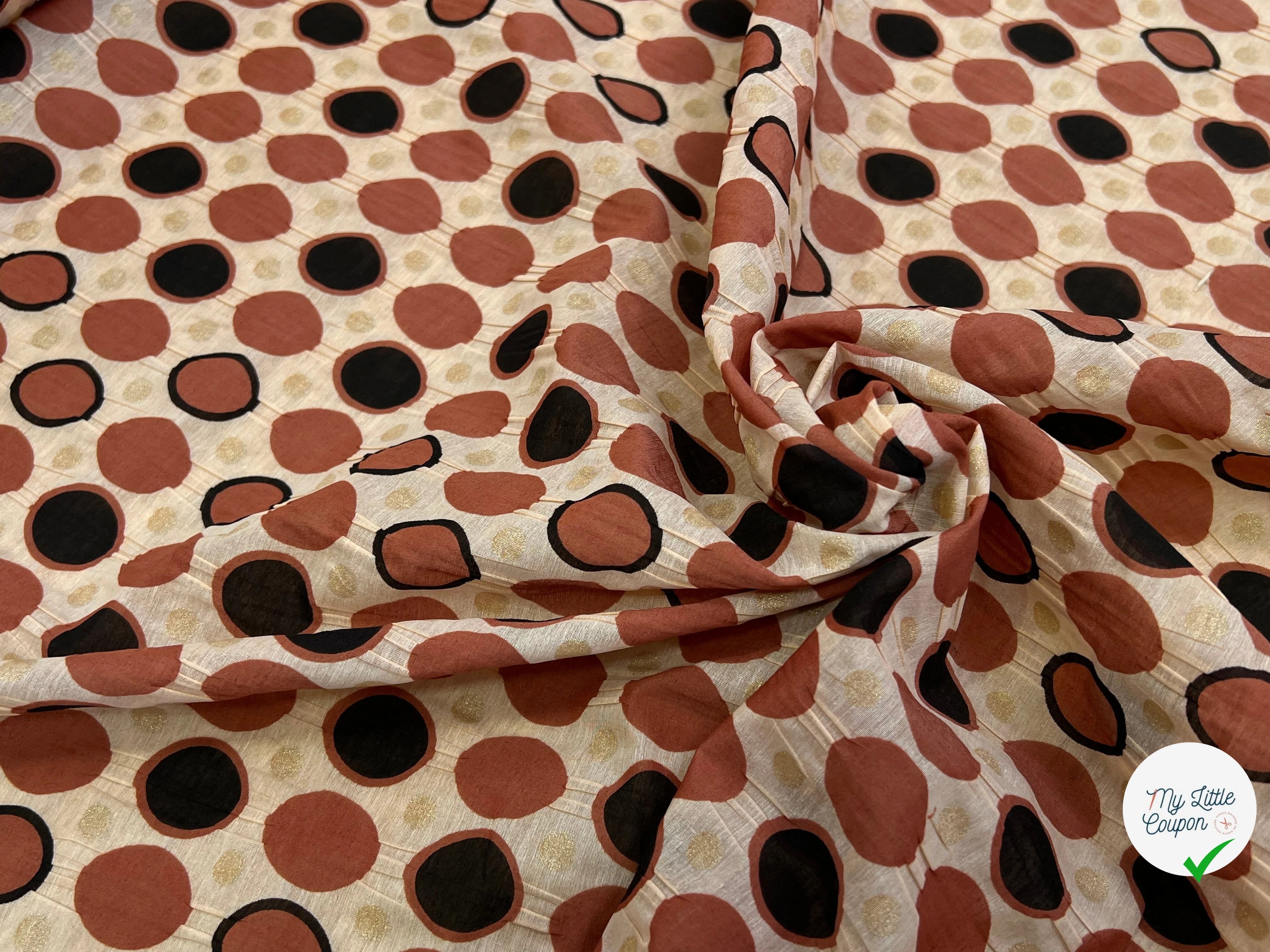 COTON SOIE FOND BEIGE MOTIF CERCLES MARRON ET NOIR POIDS OR BRILLANT 30% SOIE - My Little Coupon