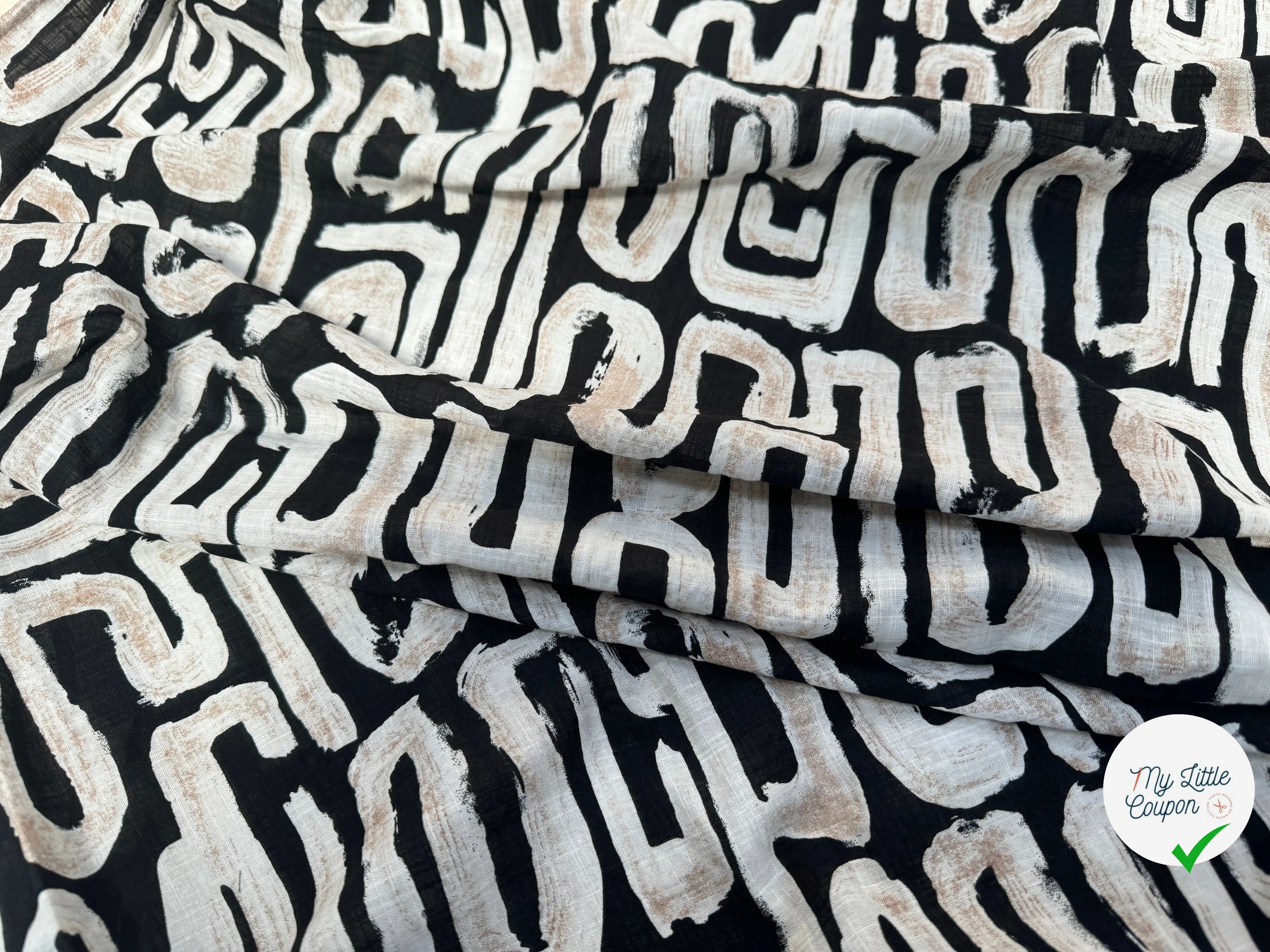 COTON VISCOSE EN CHAINE ET TRAME TISSU SLUB IMPRIMÉ ABSTRAIT NOIR - My Little Coupon