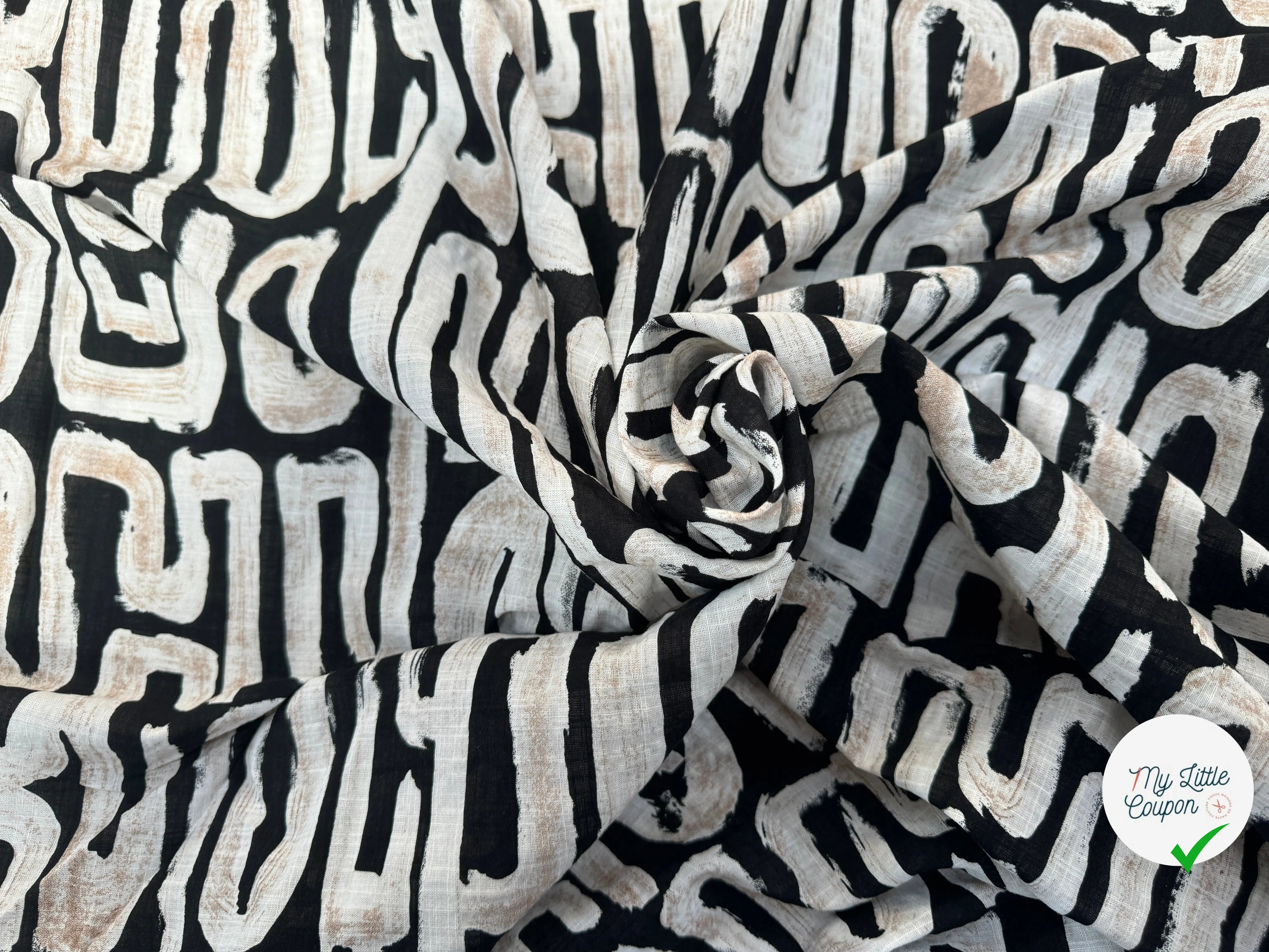 COTON VISCOSE EN CHAINE ET TRAME TISSU SLUB IMPRIMÉ ABSTRAIT NOIR - My Little Coupon