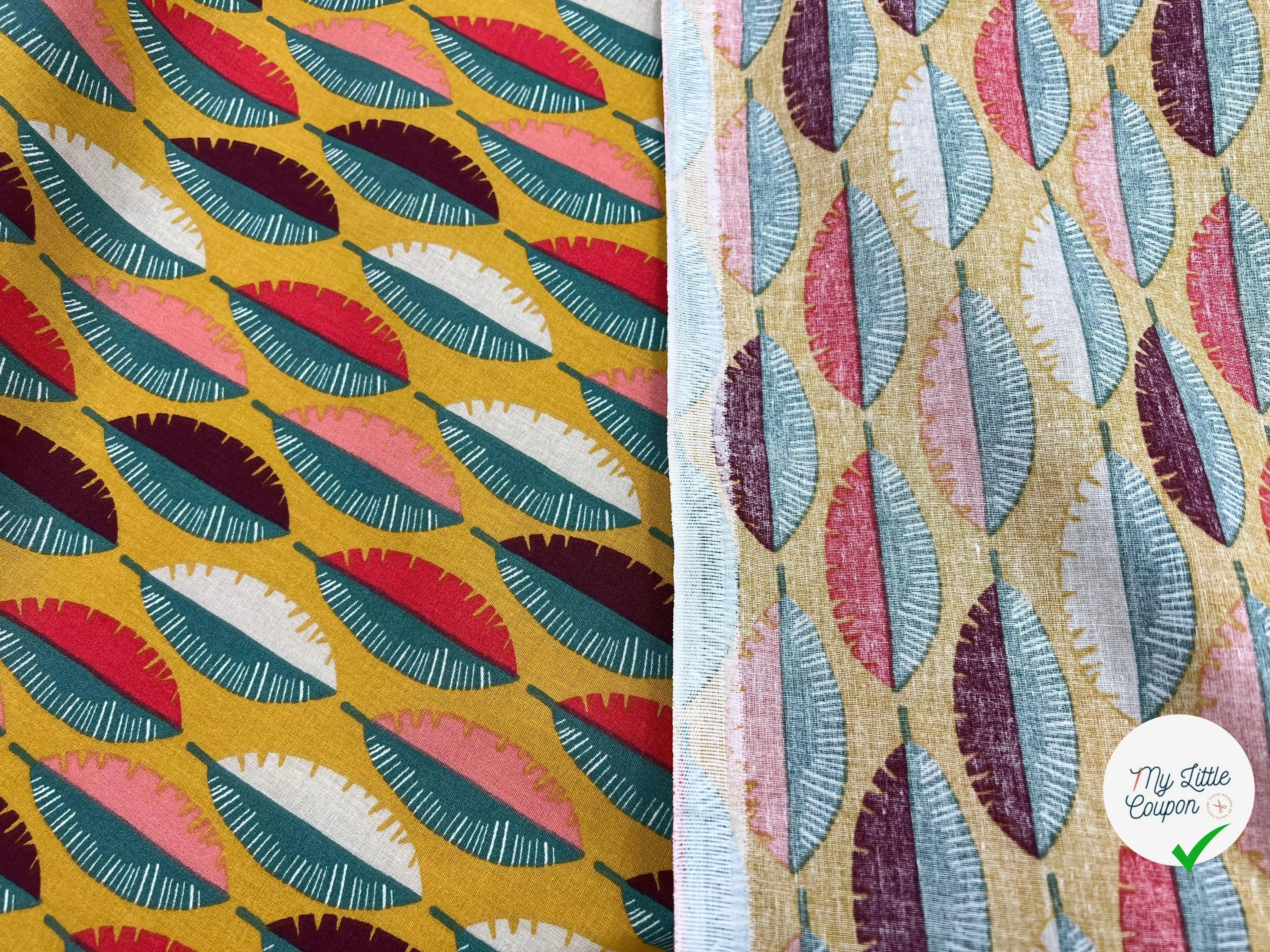 COTONNADE IMPRIMÉE FEUILLES MULTICOLORE FOND MOUTARDE - My Little Coupon - tissu - coudre
