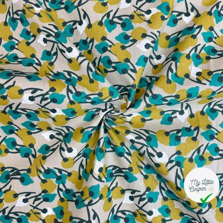 COTONNADE JOLIES FLEURS ÉMERAUDES FOND BEIGE - My Little Coupon - tissu - coudre