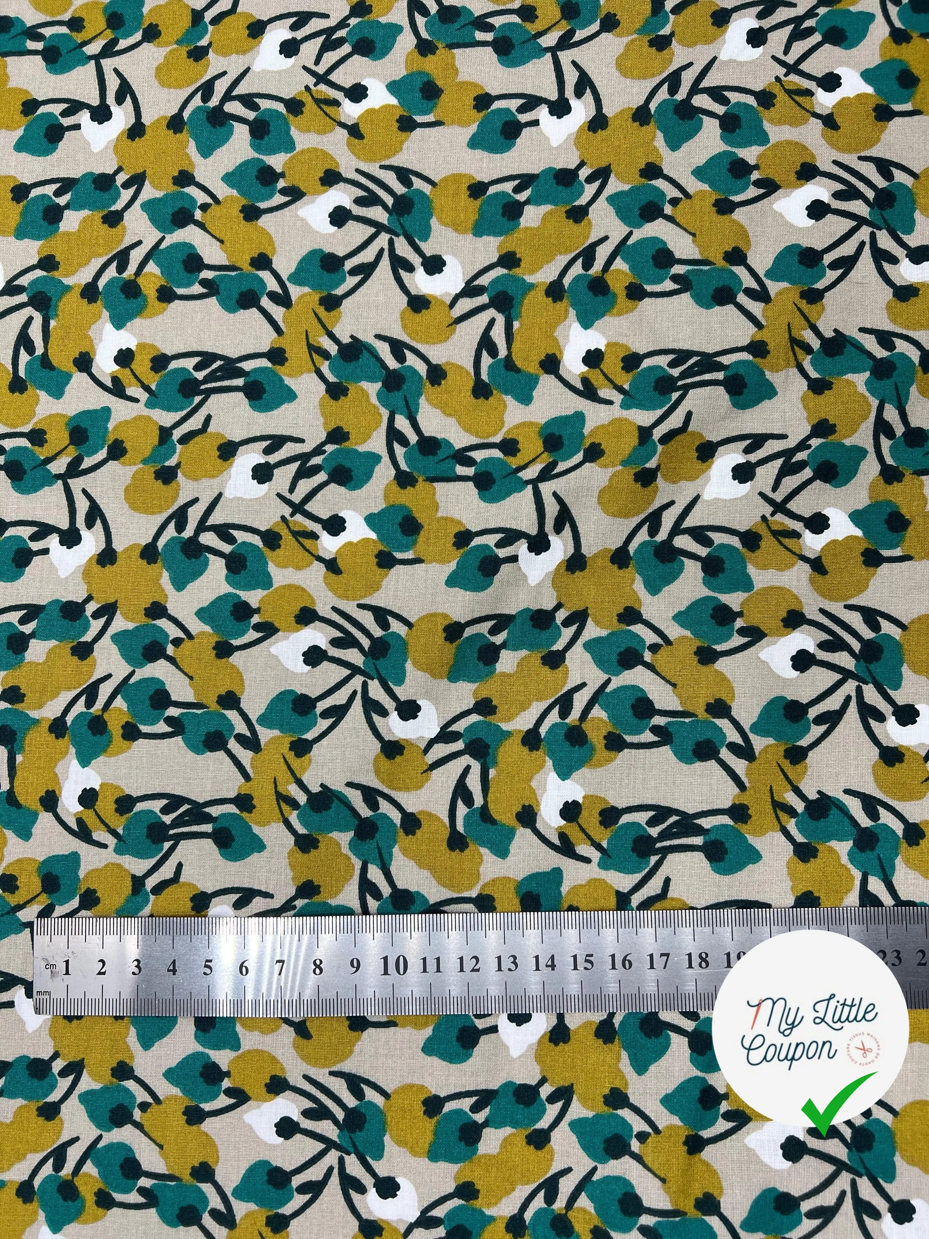 COTONNADE JOLIES FLEURS ÉMERAUDES FOND BEIGE - My Little Coupon - tissu - coudre
