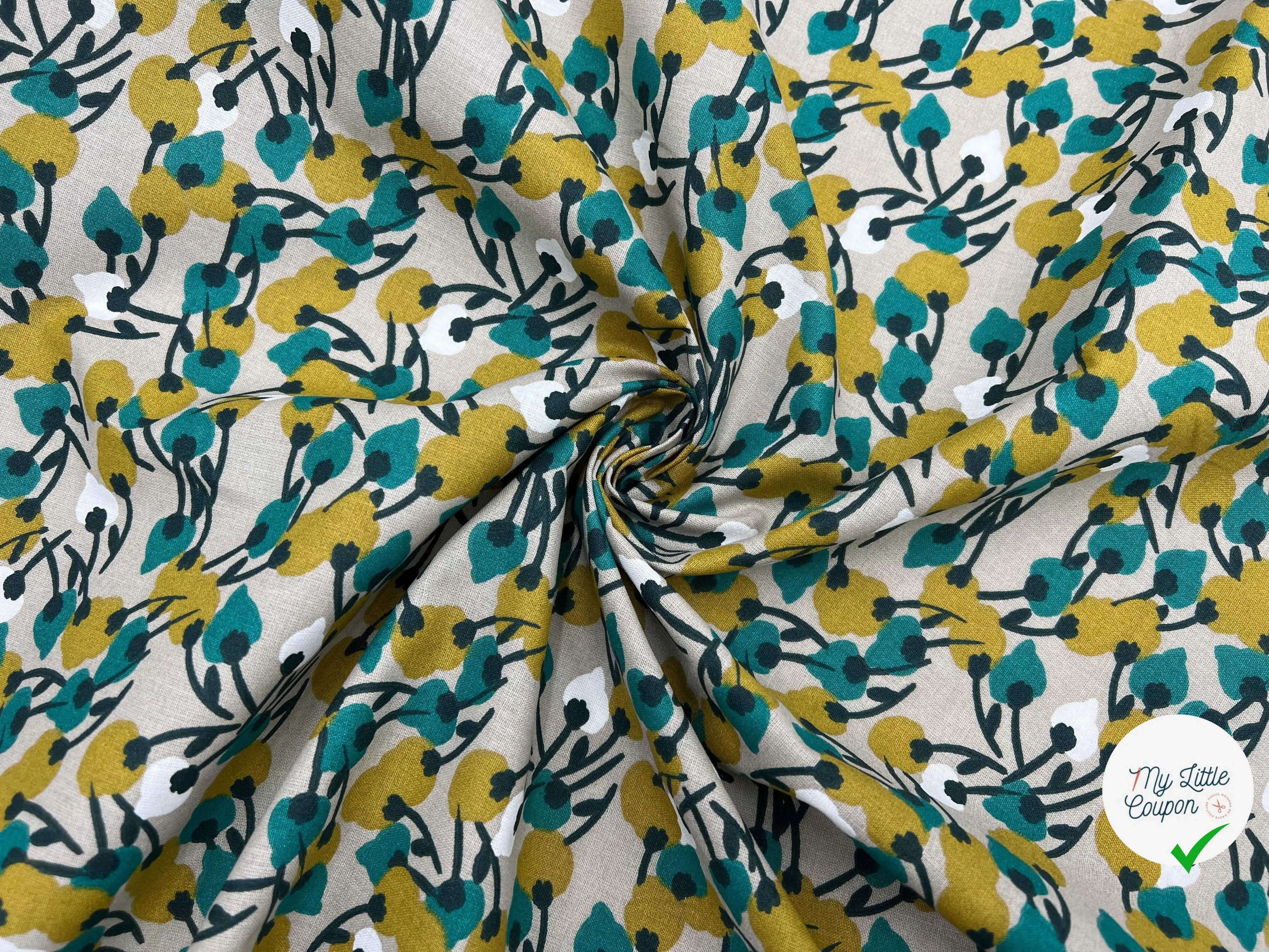 COTONNADE JOLIES FLEURS ÉMERAUDES FOND BEIGE - My Little Coupon - tissu - coudre