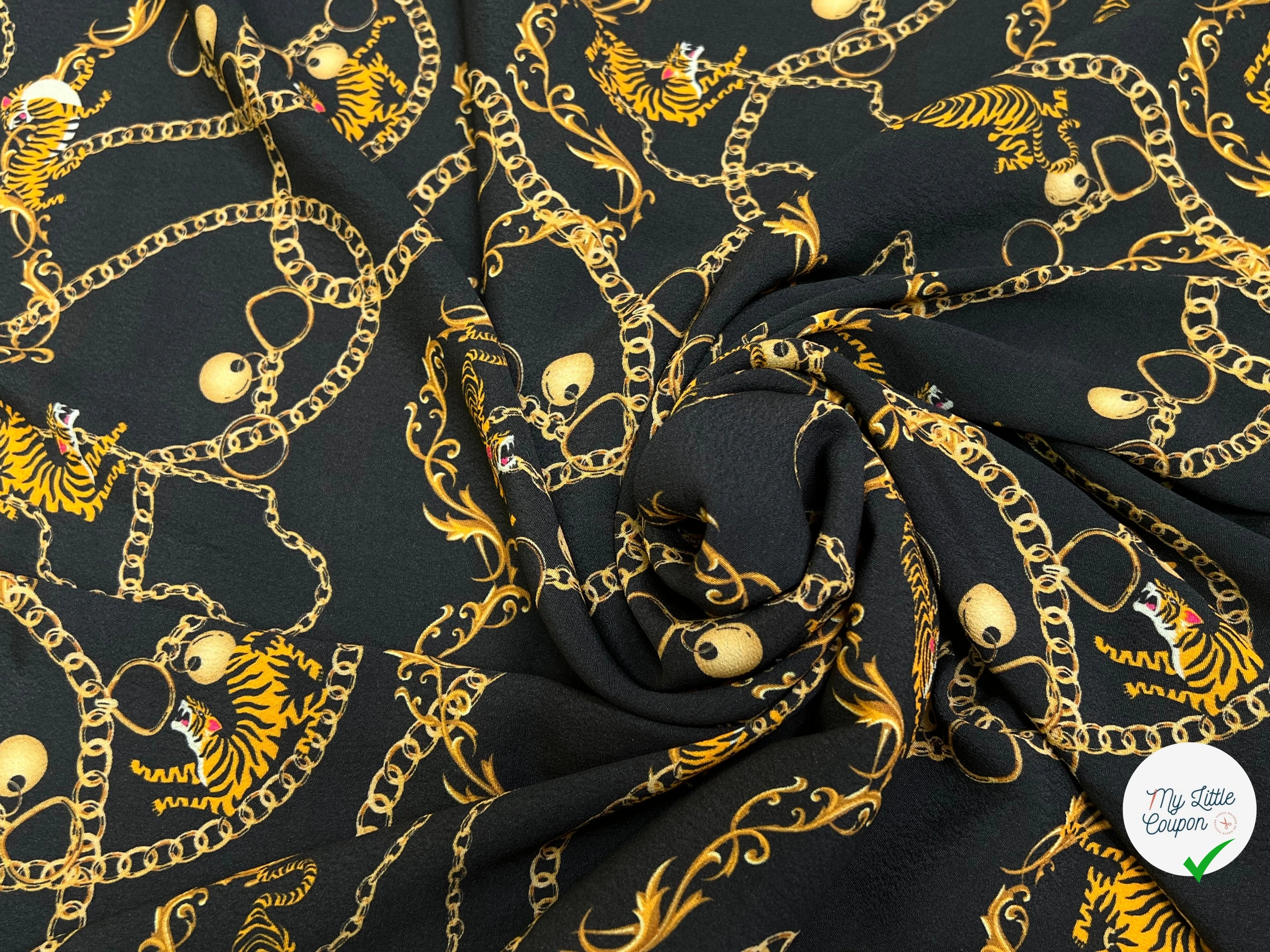 CREPE 100% VISCOSE MAROCAINE FOND NOIR IMPRIMÉ TIGER & CHAINS - My Little Coupon