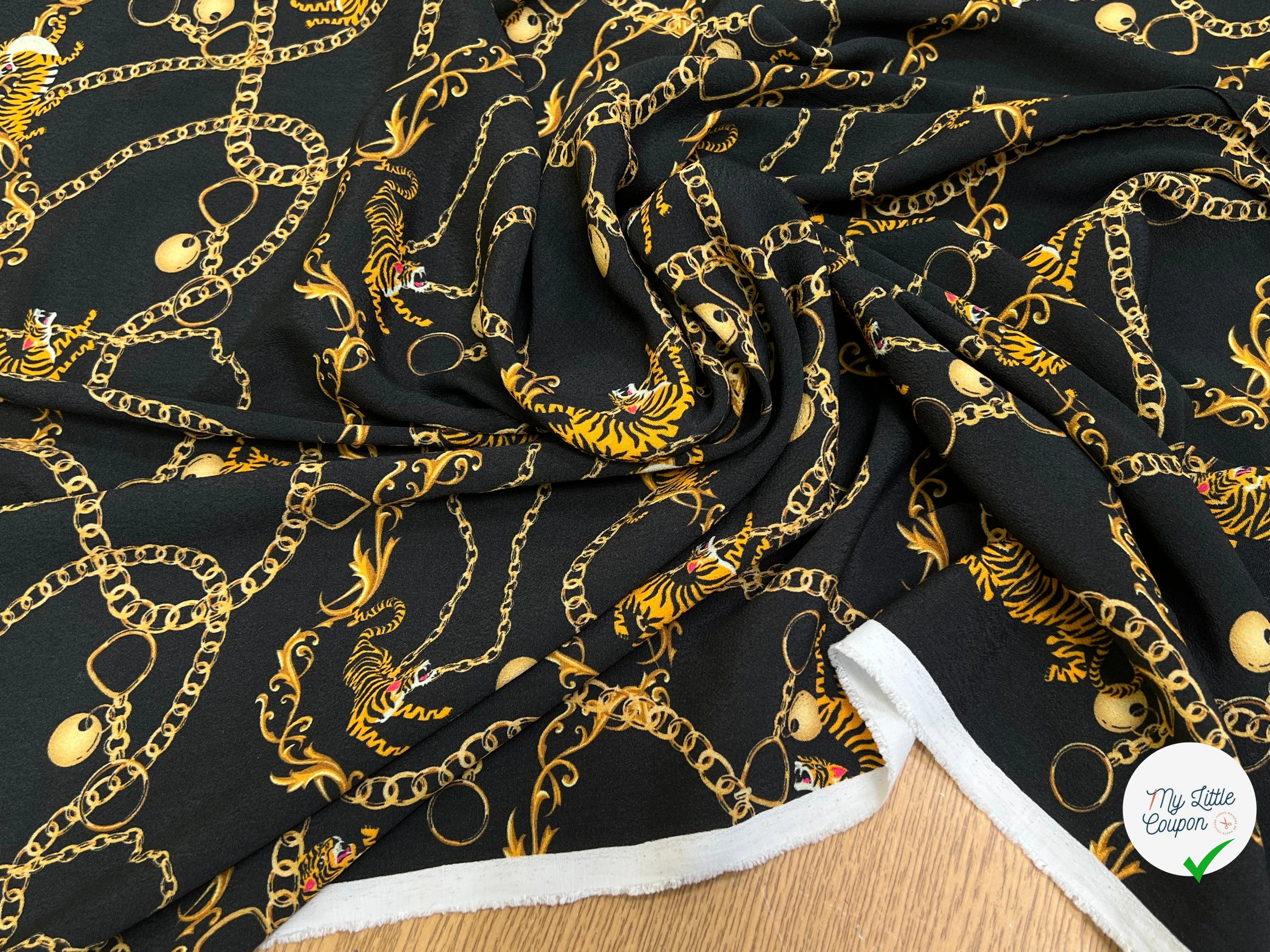 CREPE 100% VISCOSE MAROCAINE FOND NOIR IMPRIMÉ TIGER & CHAINS - My Little Coupon