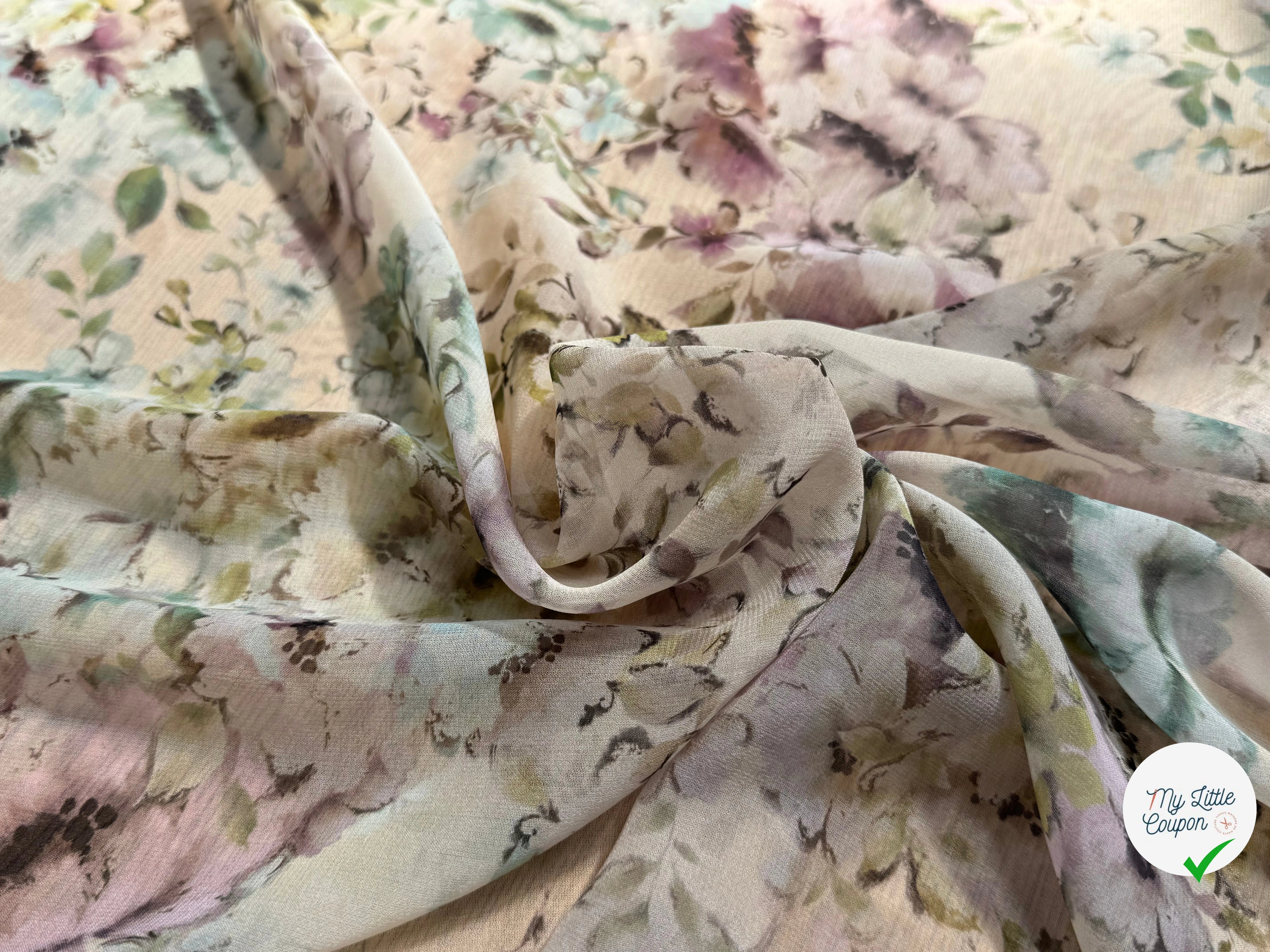 CREPE DE SOIE IMPRIMÉ JOLIES FLEURS MULTICOLORES - My Little Coupon