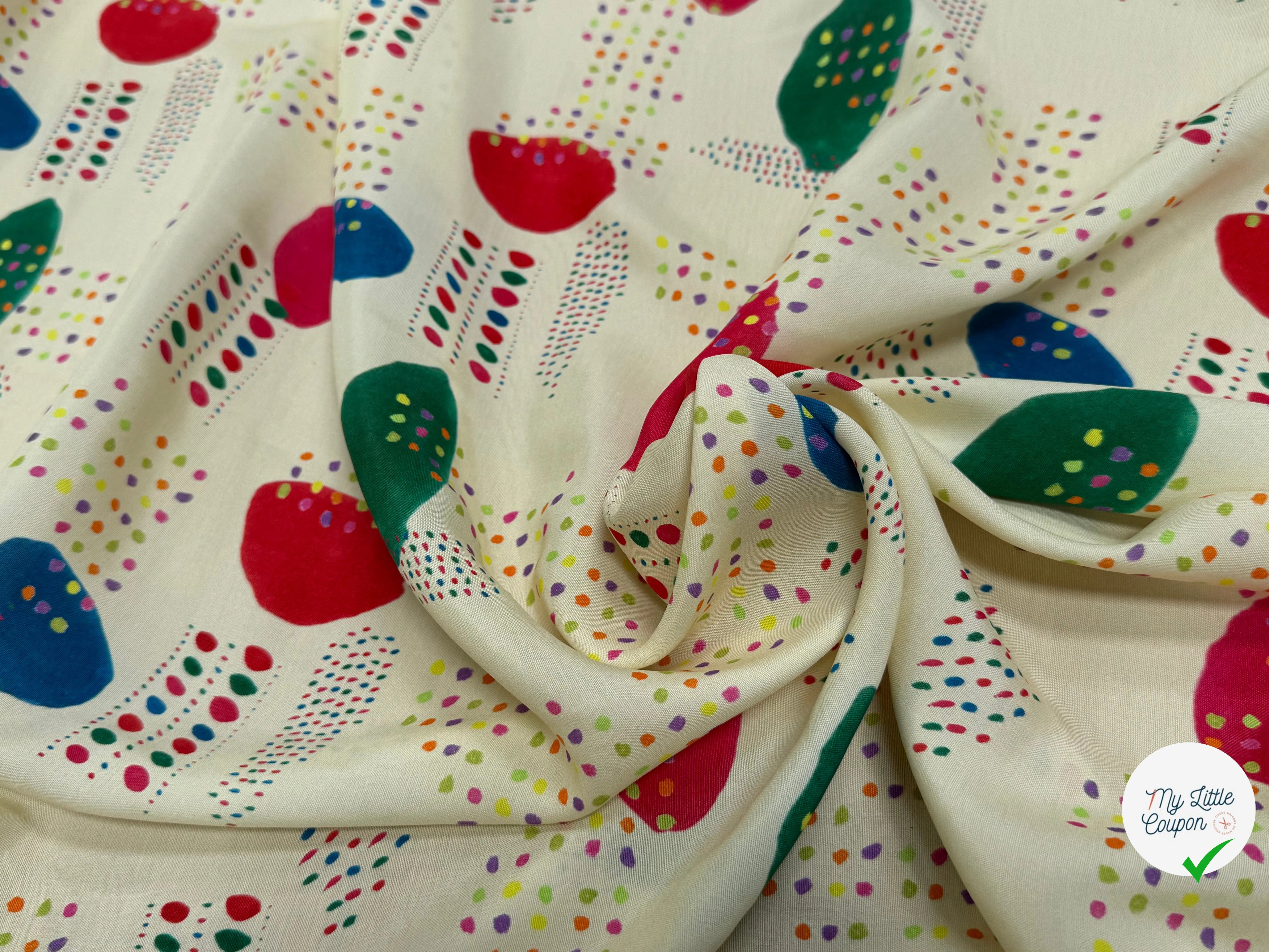 CRÊPE DE VISCOSE ÉCRU IMPRIMÉ POIS MULTICOLORES FANTASY DISPATCH - My Little Coupon