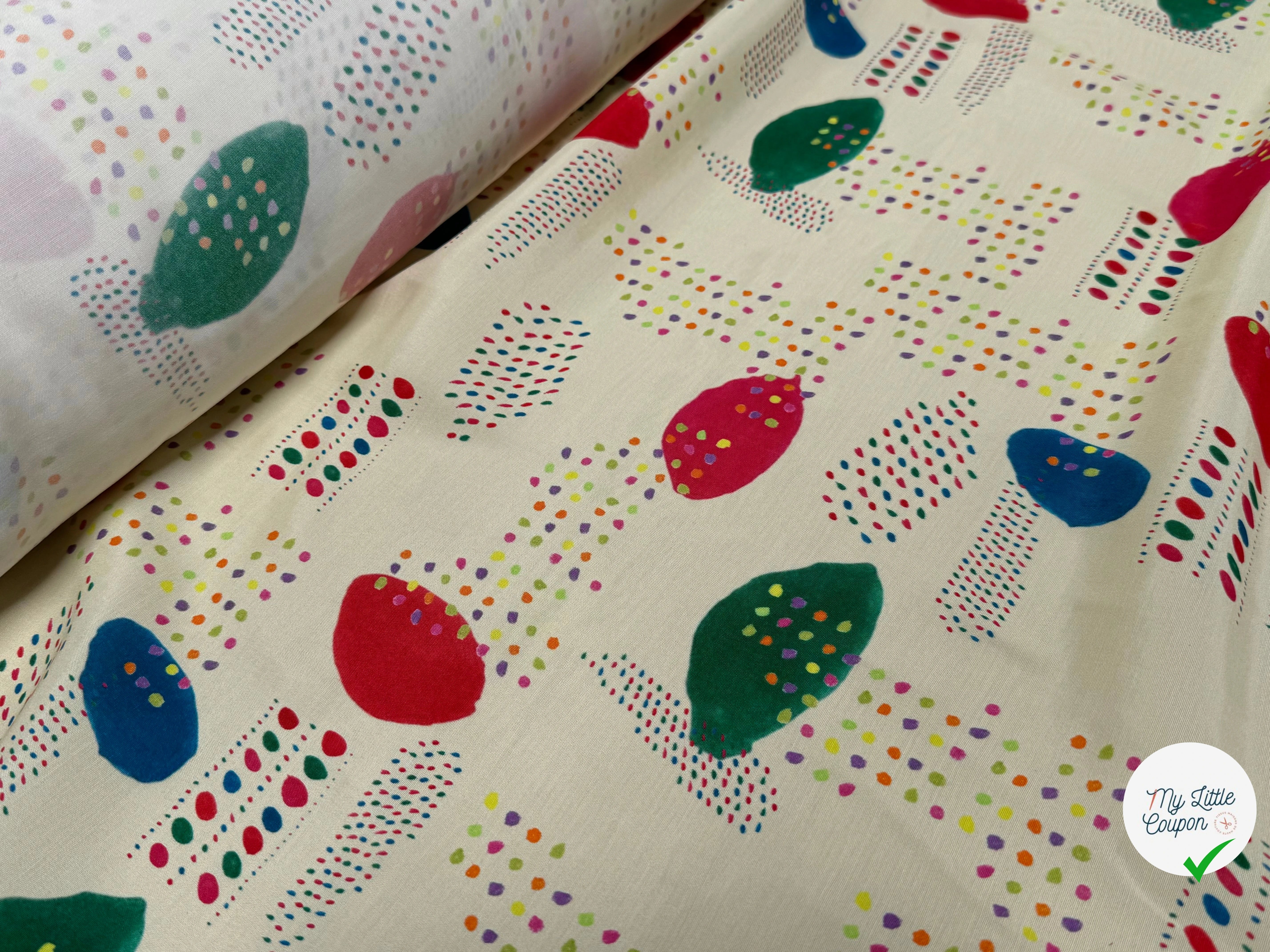 CRÊPE DE VISCOSE ÉCRU IMPRIMÉ POIS MULTICOLORES FANTASY DISPATCH - My Little Coupon