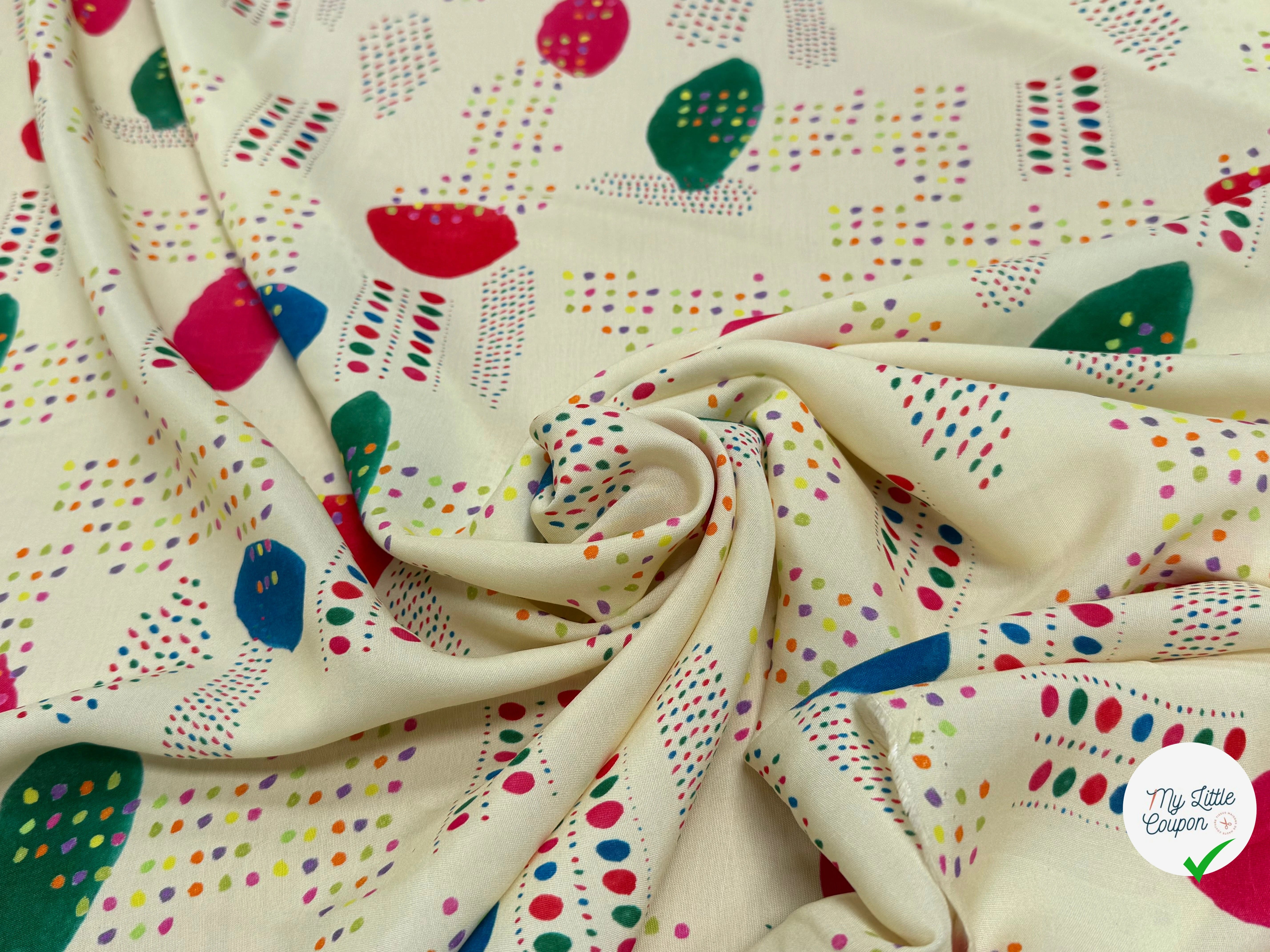 CRÊPE DE VISCOSE ÉCRU IMPRIMÉ POIS MULTICOLORES FANTASY DISPATCH - My Little Coupon