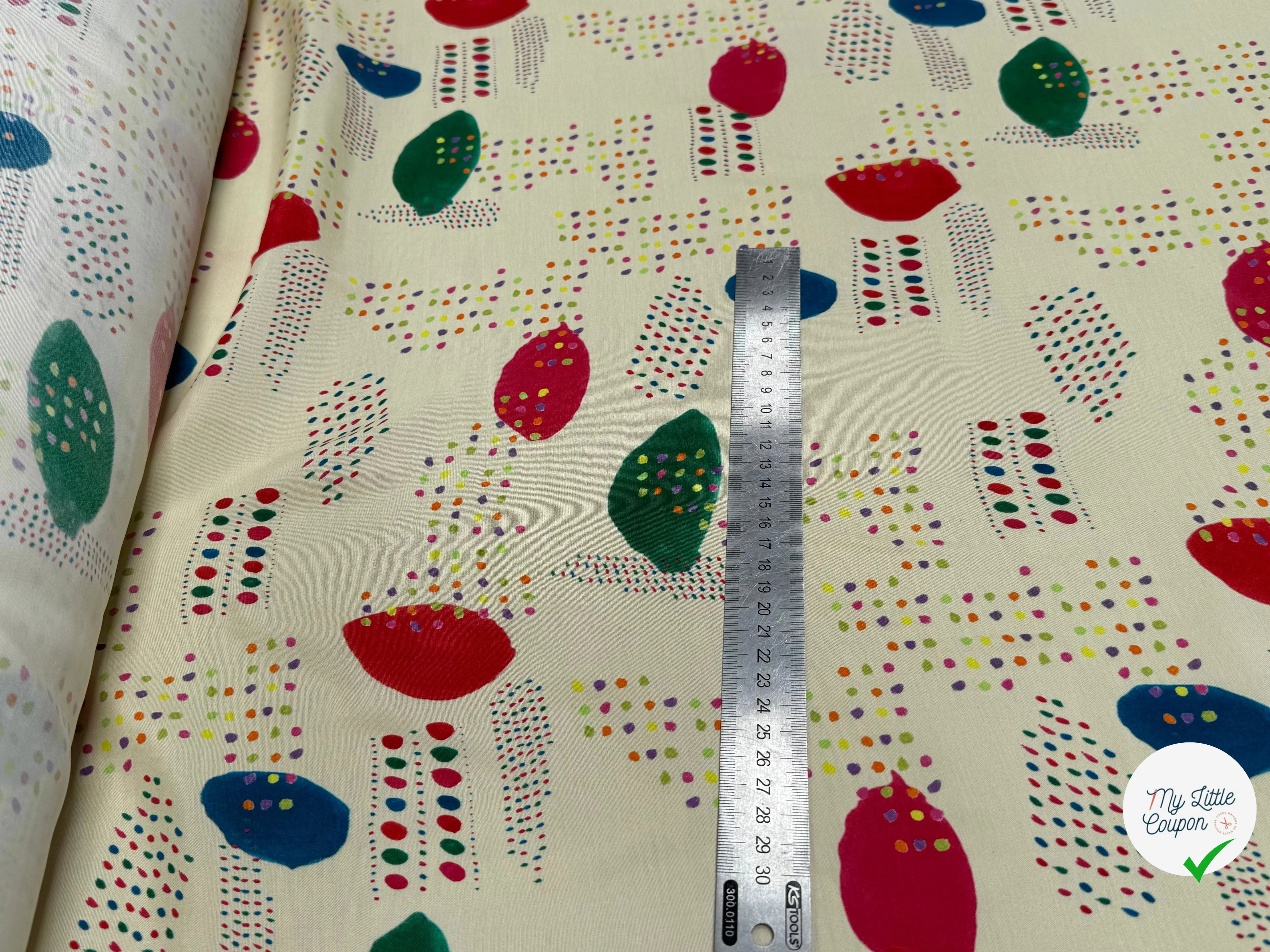 CRÊPE DE VISCOSE ÉCRU IMPRIMÉ POIS MULTICOLORES FANTASY DISPATCH - My Little Coupon