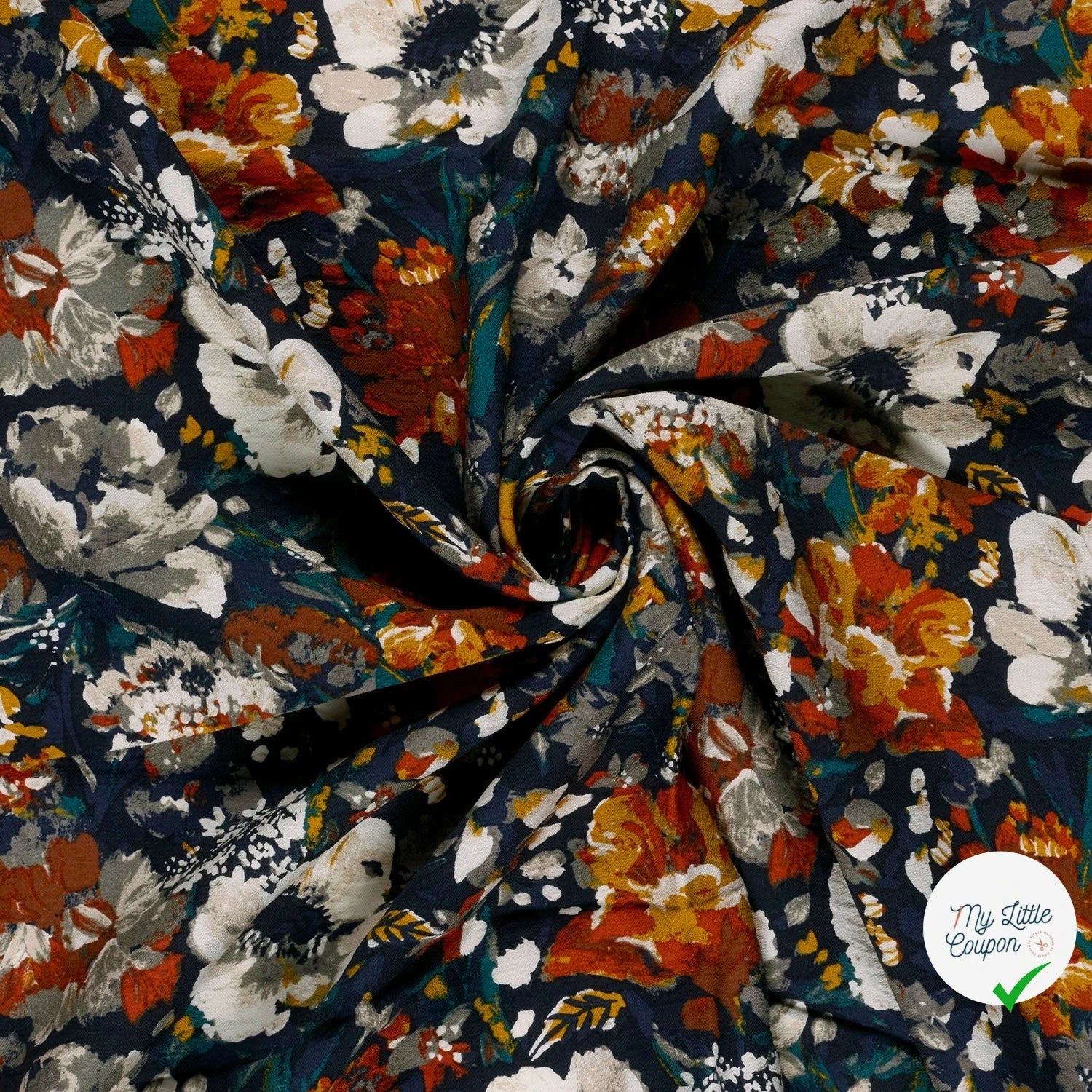 Crêpe de viscose fleurs bleu marine