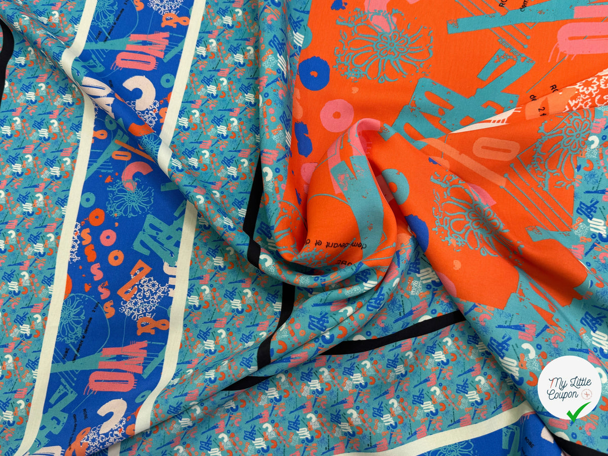 CRÊPE DE VISCOSE FLUIDE IMPRIMÉ TYPOGRAPHIQUE BLEU ET ORANGE FANTASY TYPO ORANGE - My Little Coupon