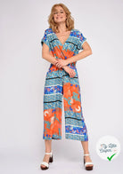CRÊPE DE VISCOSE FLUIDE IMPRIMÉ TYPOGRAPHIQUE BLEU ET ORANGE - My Little Coupon