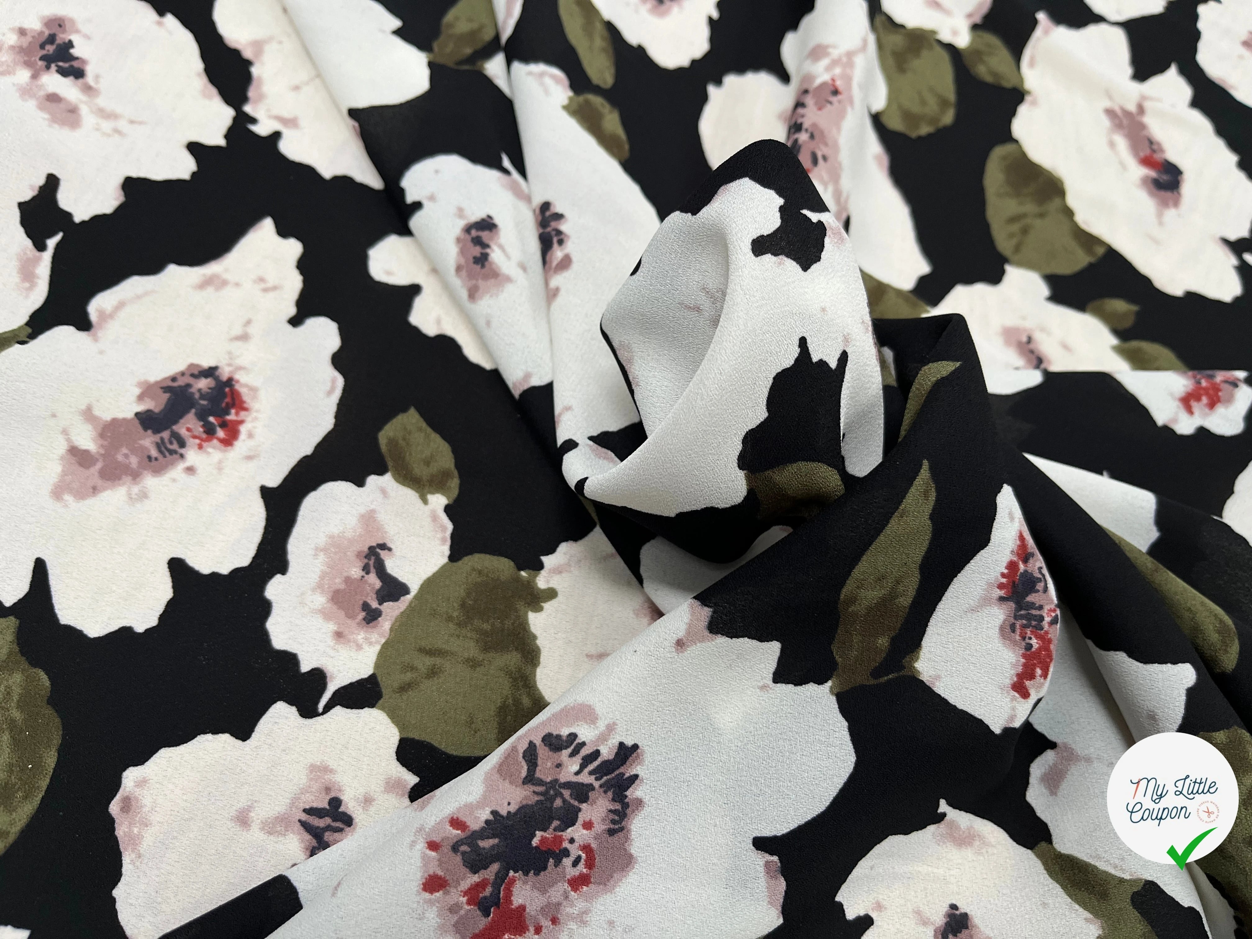CREPE FLUIDE IMPRIMÉ GROSSES FLEURES SUR FOND NOIR - My Little Coupon