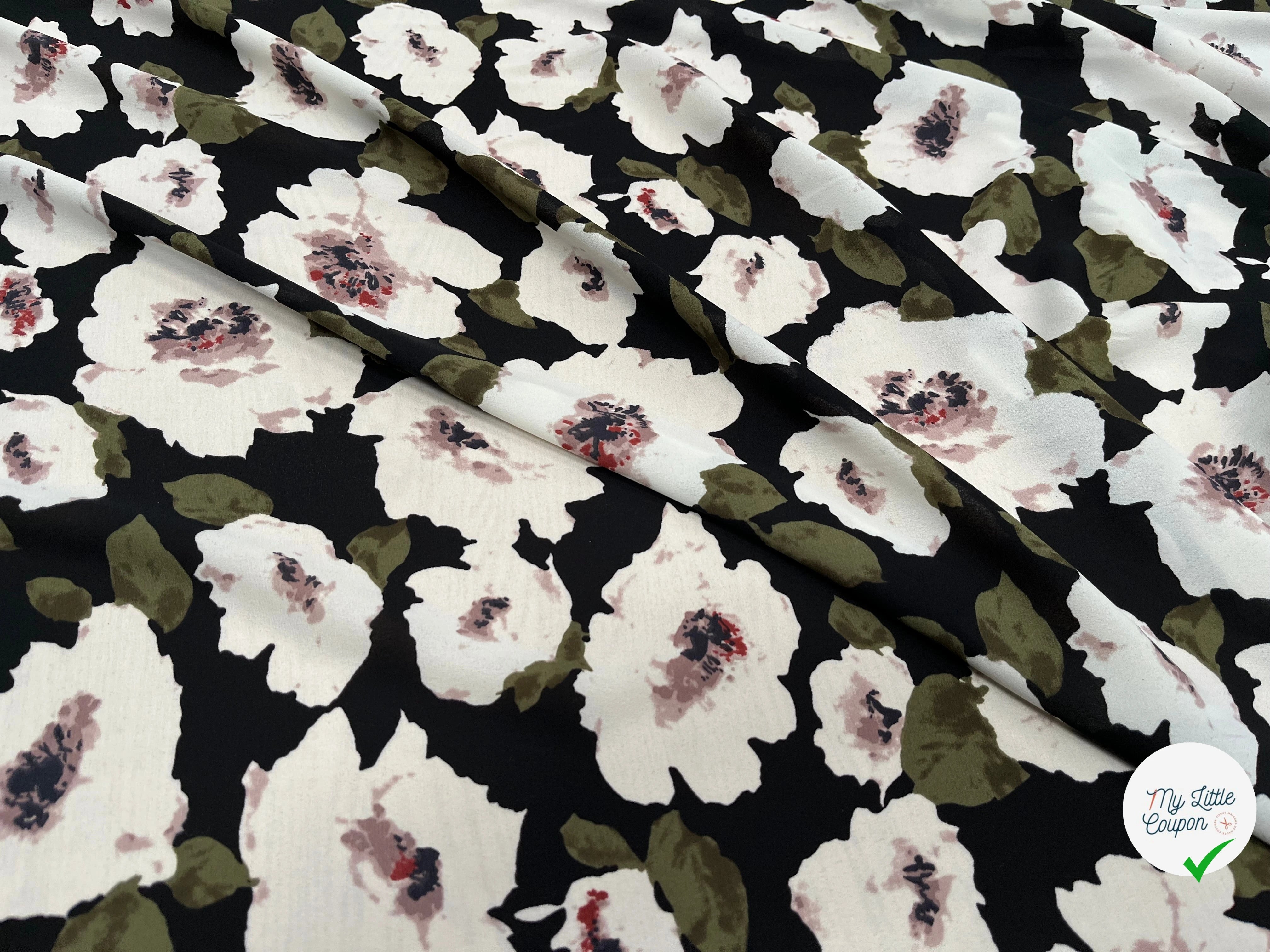 CREPE FLUIDE IMPRIMÉ GROSSES FLEURES SUR FOND NOIR - My Little Coupon