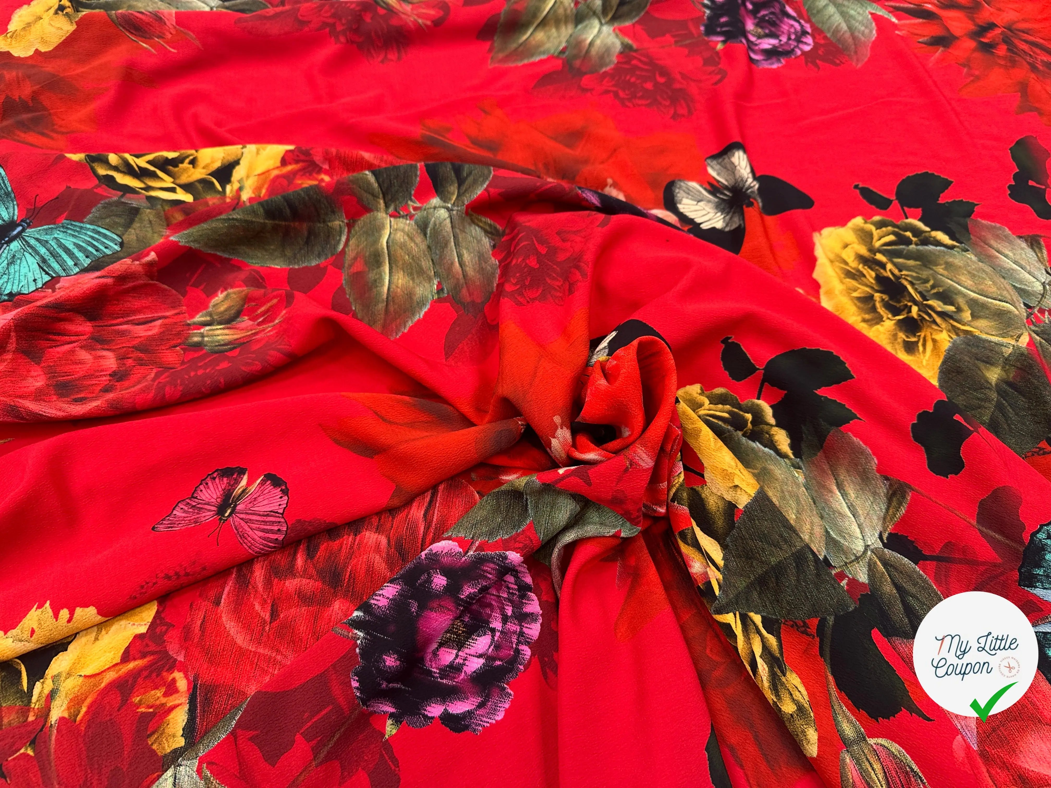 CREPE GAUFFRÉ ROUGE PAPILLONS & FLEURS MLC INTERN