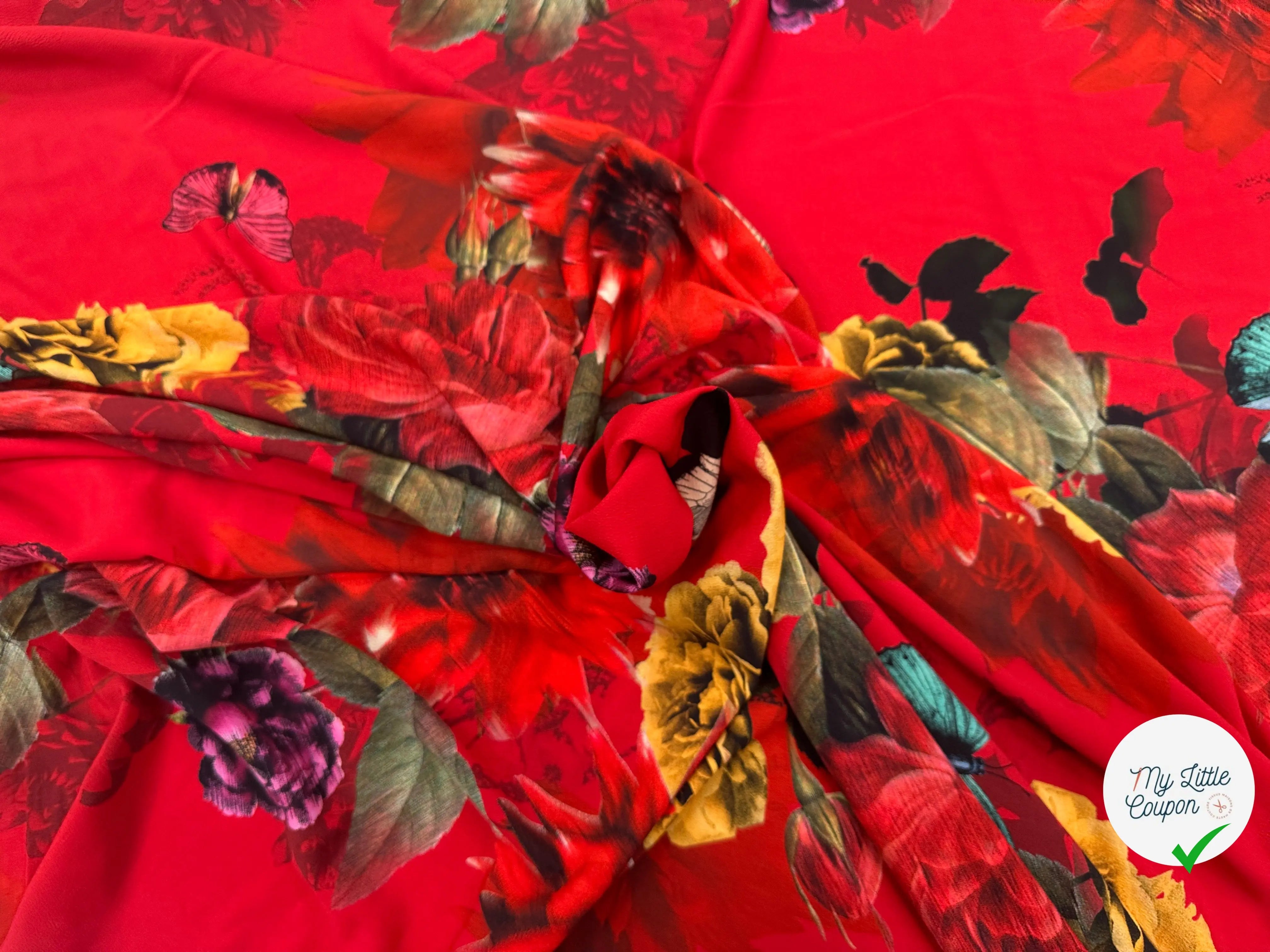 CREPE GAUFFRÉ ROUGE PAPILLONS & FLEURS MLC INTERN