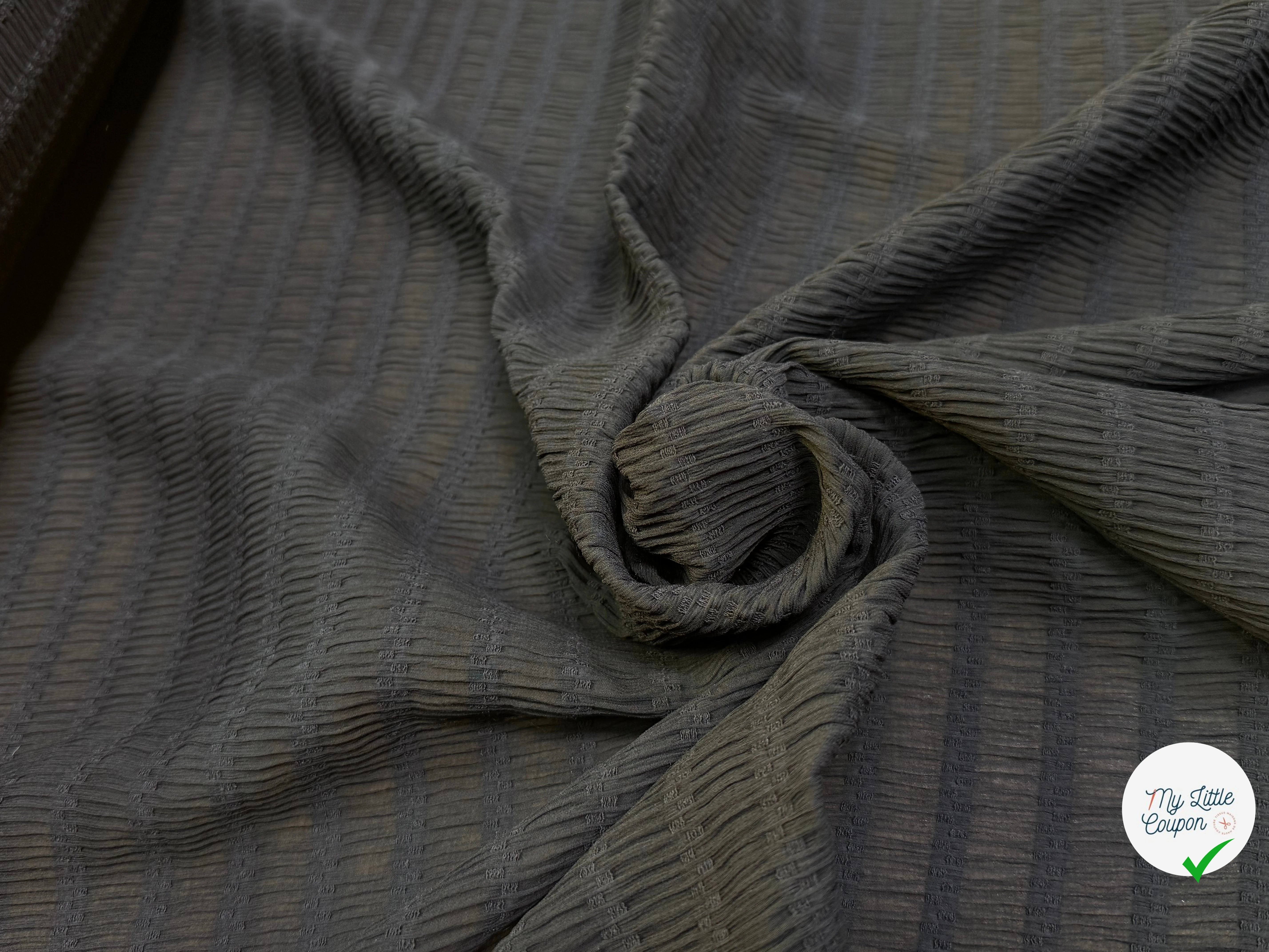 CREPE GAUFFRÉ VISCOSE SOIE ET LAINE GROSSES RAYURES TISSÉES FLUIDE NOIR - My Little Coupon