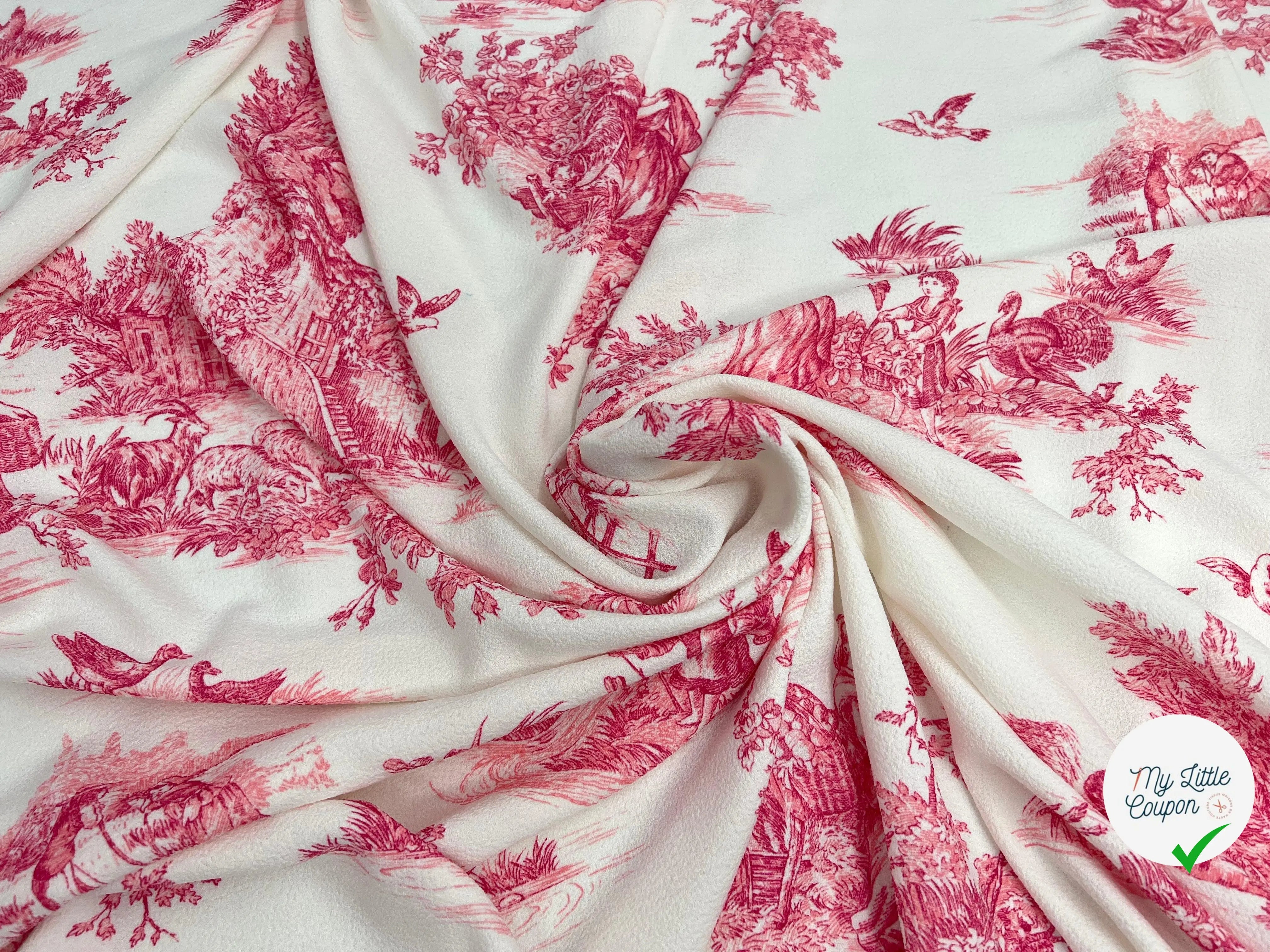 CRÊPE GAUFRÉ BLANC CASSÉ TOILE DE JOUY ROSE MERVEILLEUX - My Little Coupon - tissu - coudre