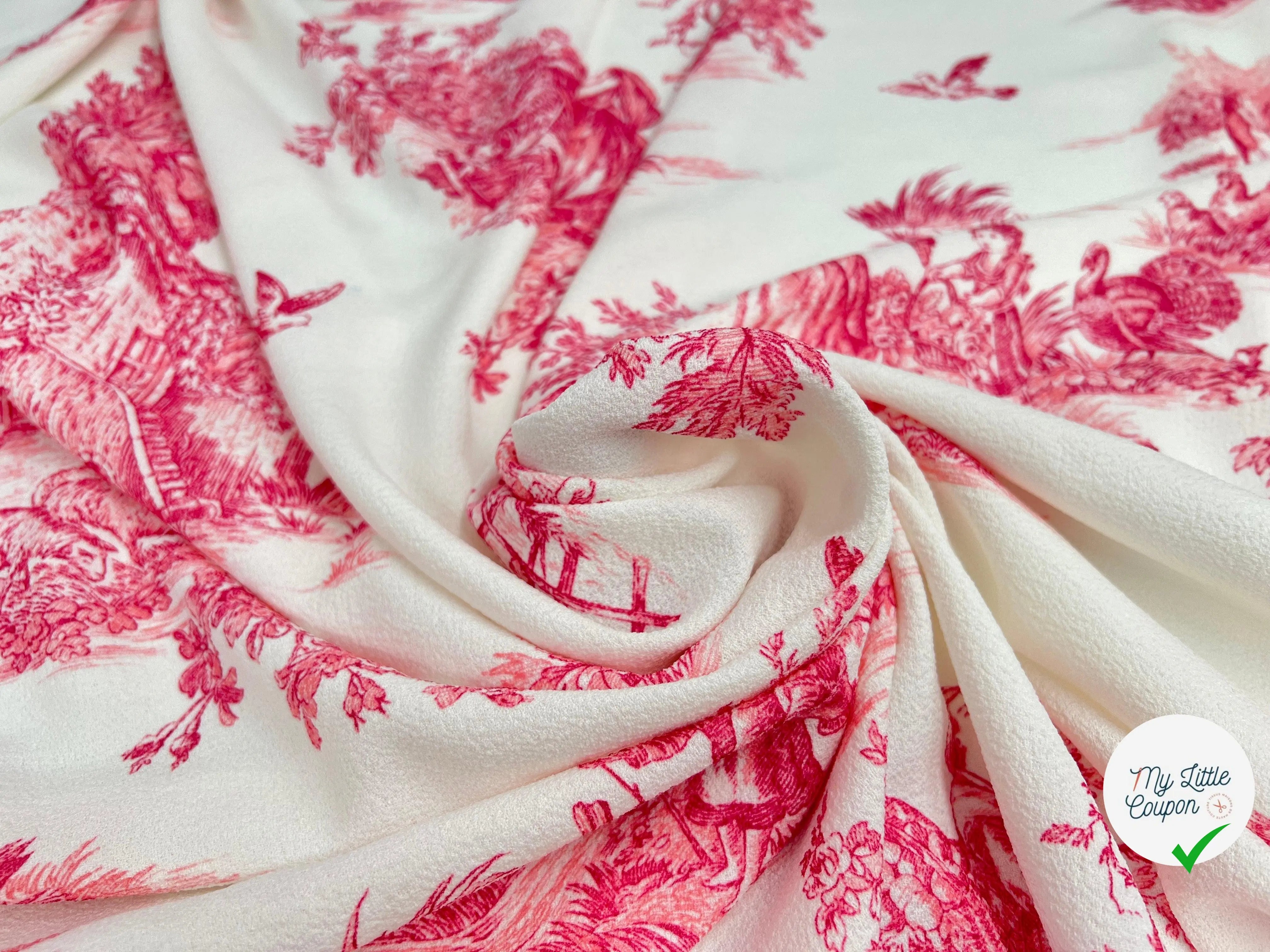 CRÊPE GAUFRÉ BLANC CASSÉ TOILE DE JOUY ROSE MERVEILLEUX - My Little Coupon - tissu - coudre