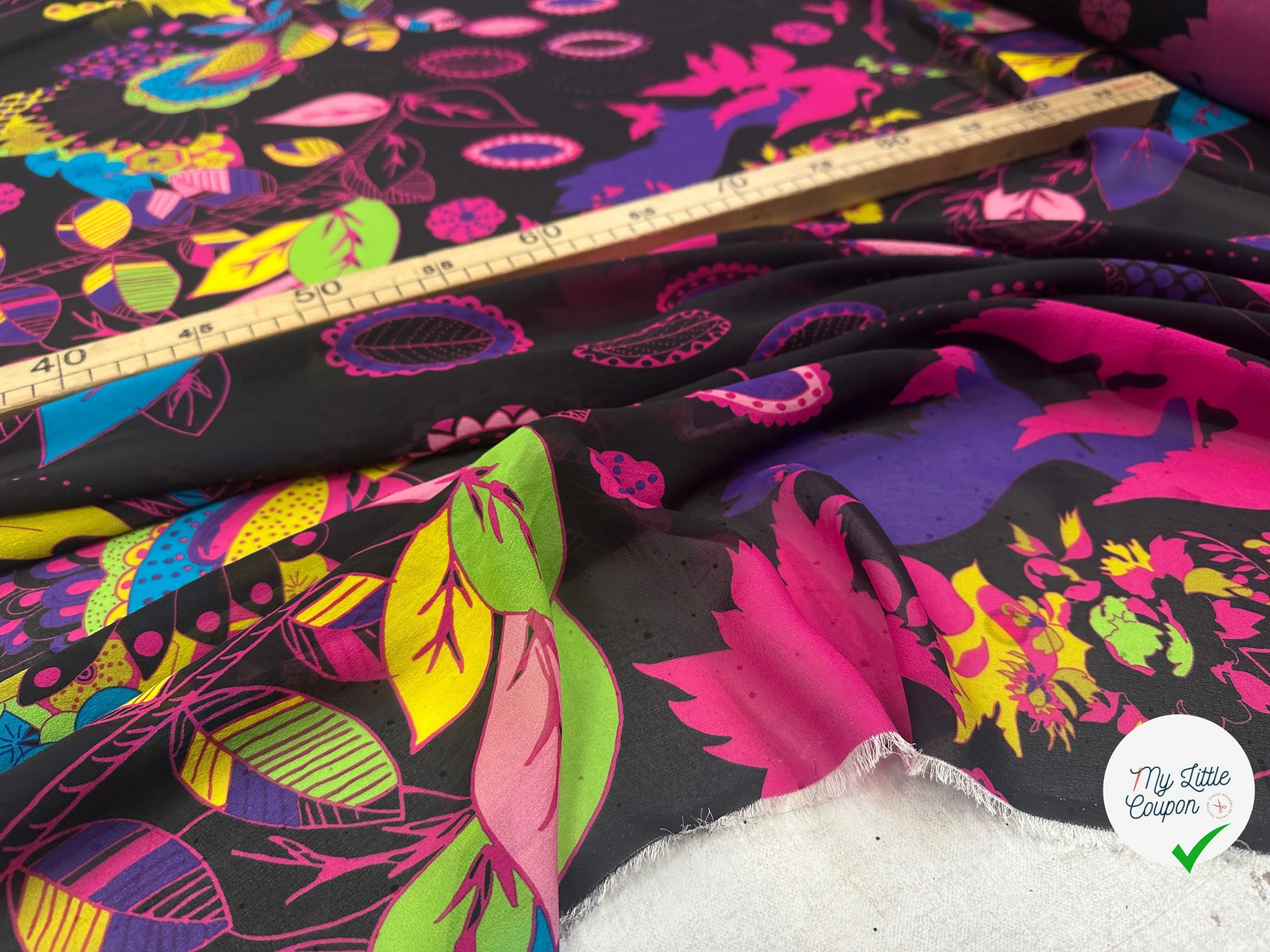 CREPE GEORGETTE SOIE FIORI PSICHEDELICI SU SFONDO NERO MLC INTERN