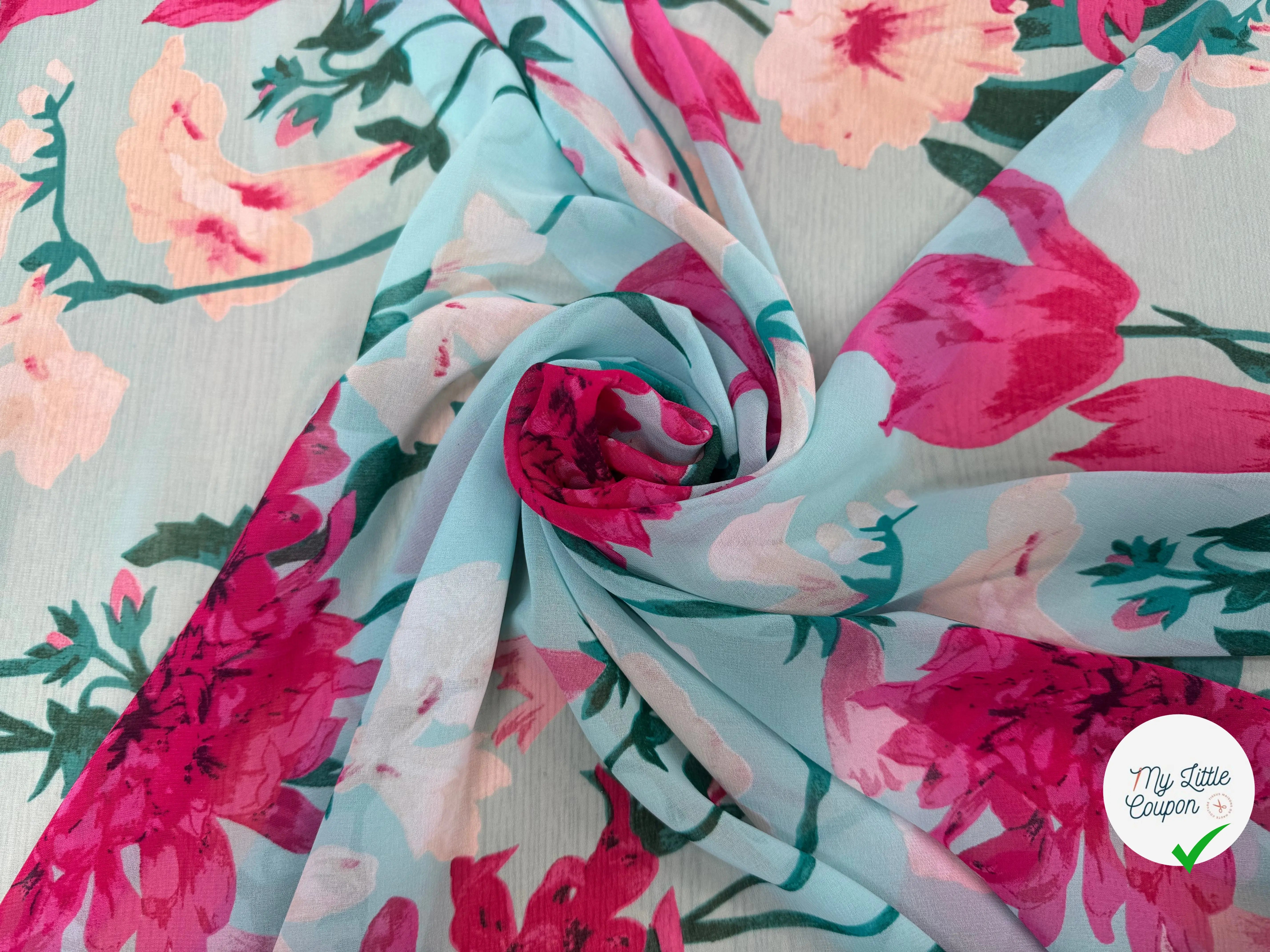 CREPE GOERGETTE FOND BLEU MOTIFS FLEURS ROSE - My Little Coupon