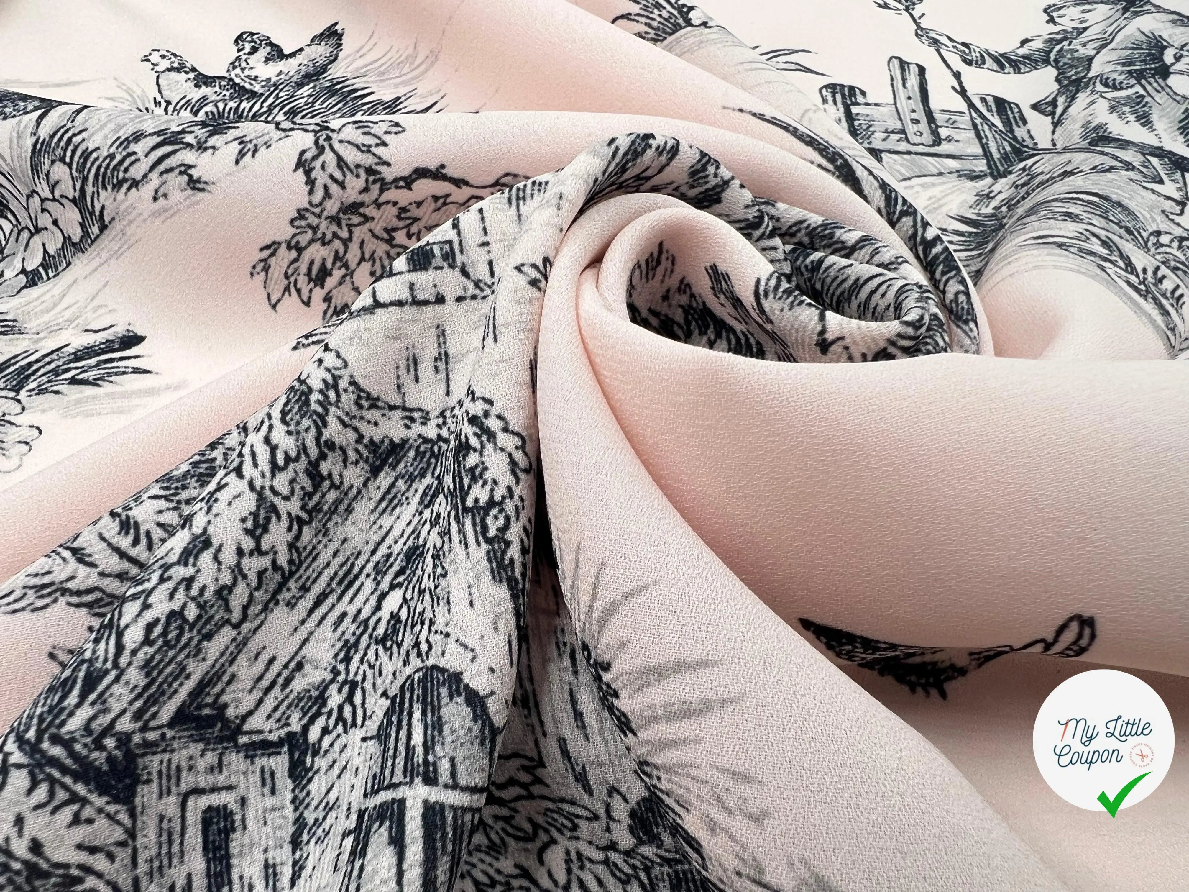 CRÊPE IMPRIMÉ TOILE DE JOUY NOIR FOND ROSE - My Little Coupon - tissu - coudre