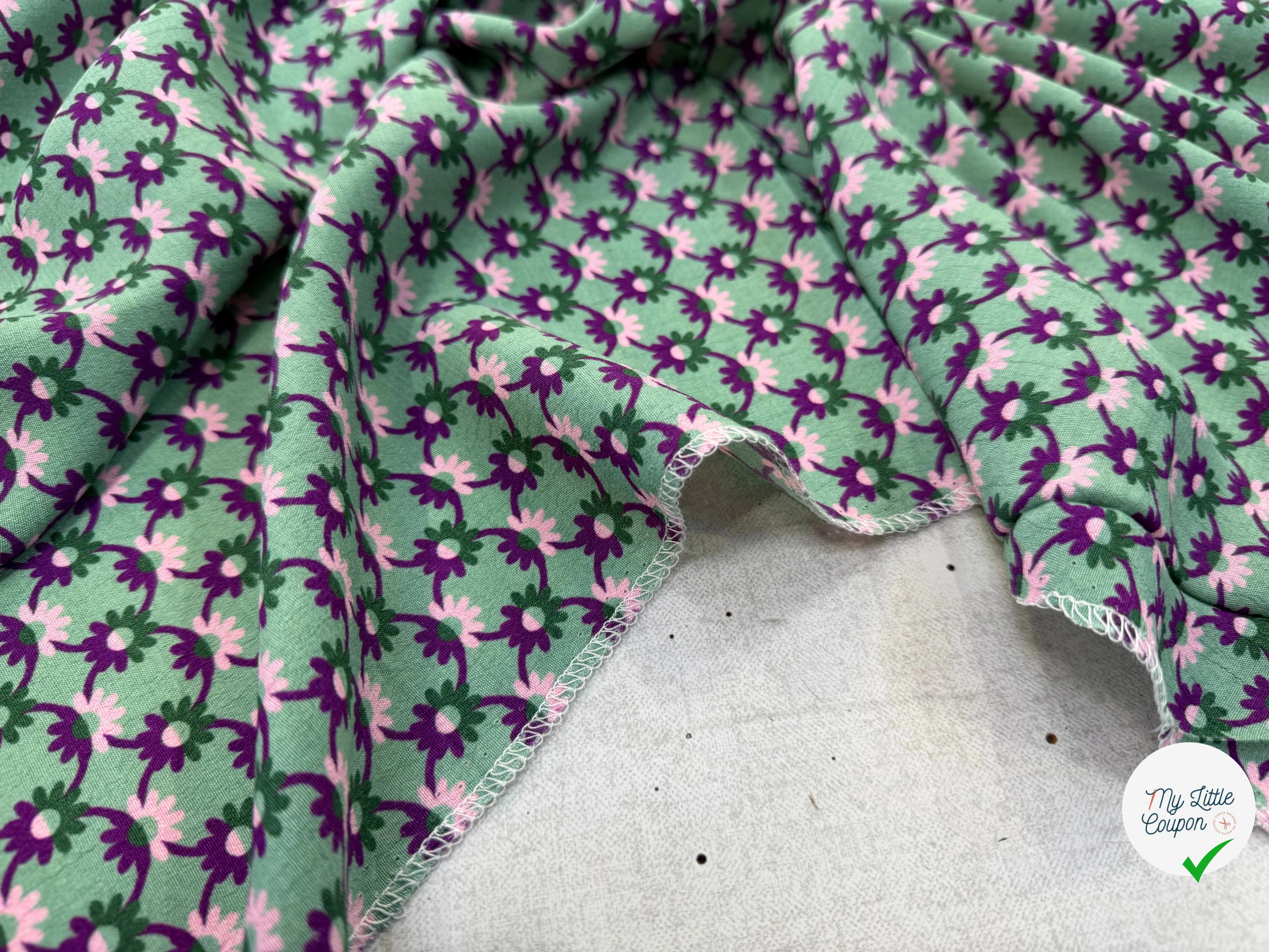 CREPE MAROCAIN 100% VISCOSE COMO PREMIUM VERT FLEURS VIOLETTES - My Little Coupon