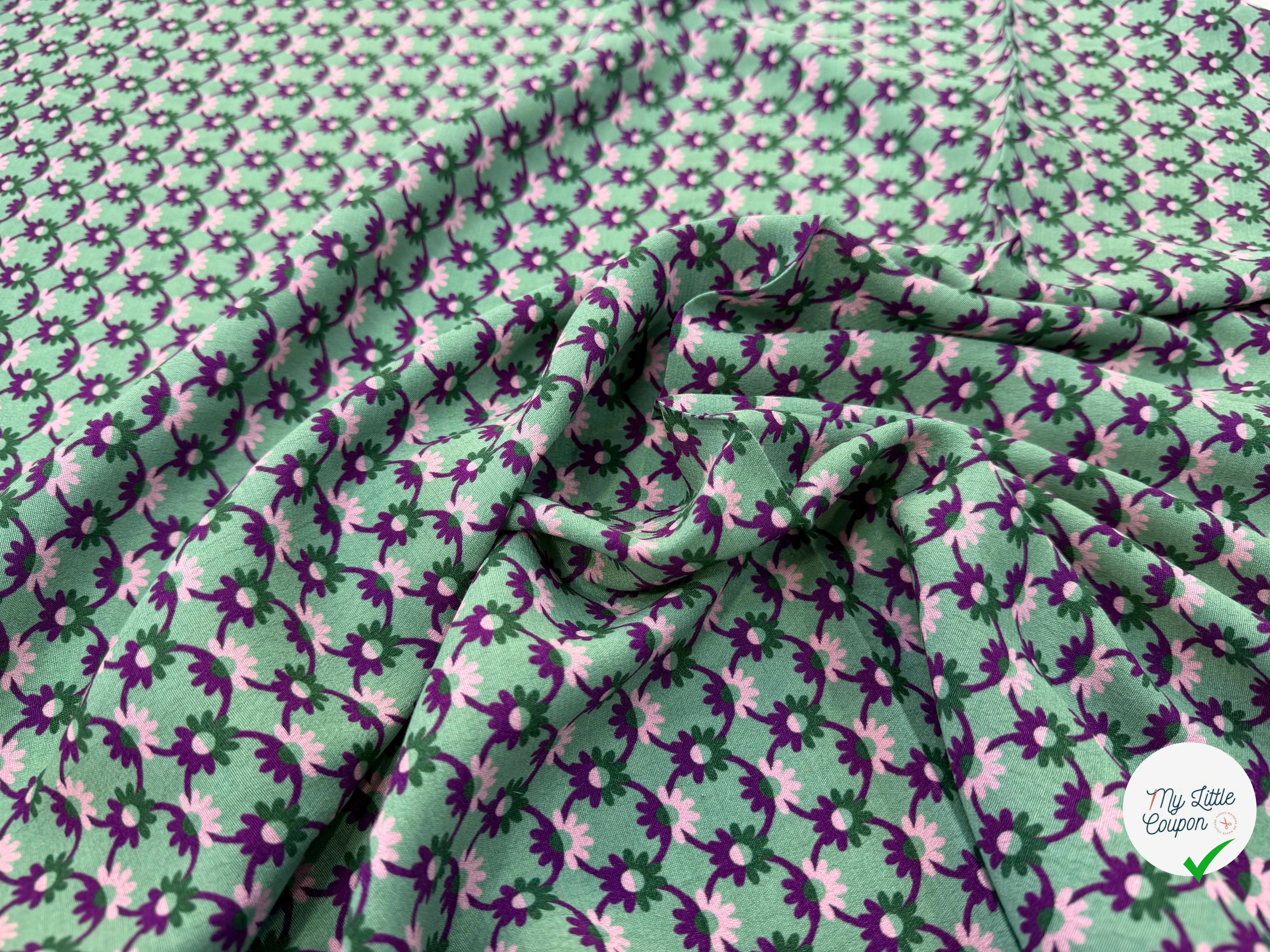 CREPE MAROCAIN 100% VISCOSE COMO PREMIUM VERT FLEURS VIOLETTES - My Little Coupon