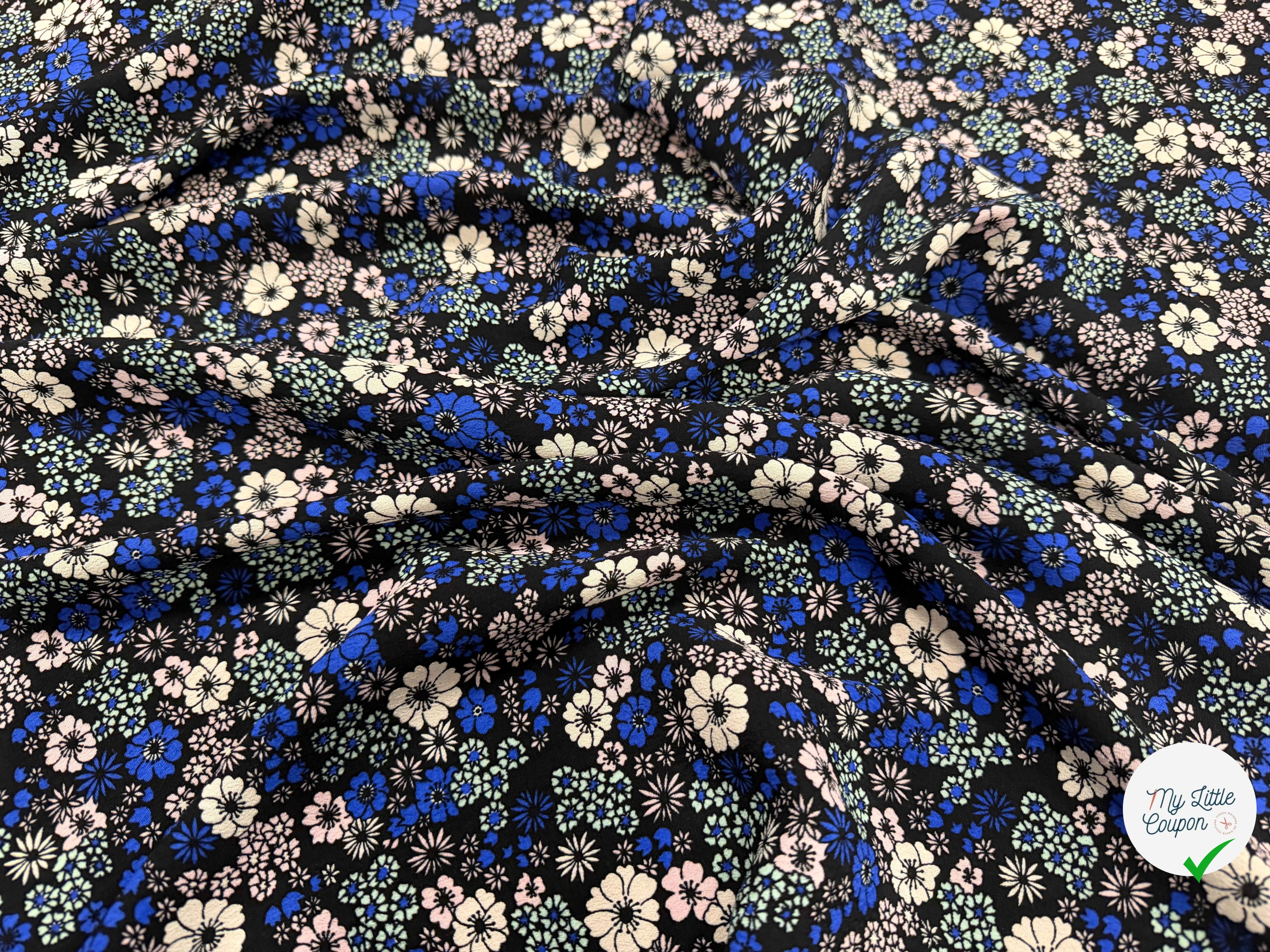 CREPE MAROCAIN 100% VISCSOE FLEURS FOND NOIR - My Little Coupon